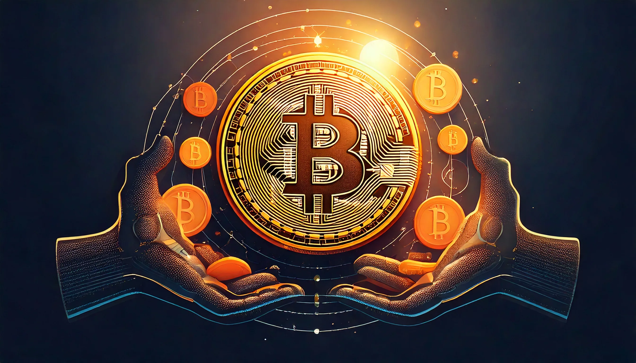 Mãos se aproximando de Bitcoin. Imagem: IA.