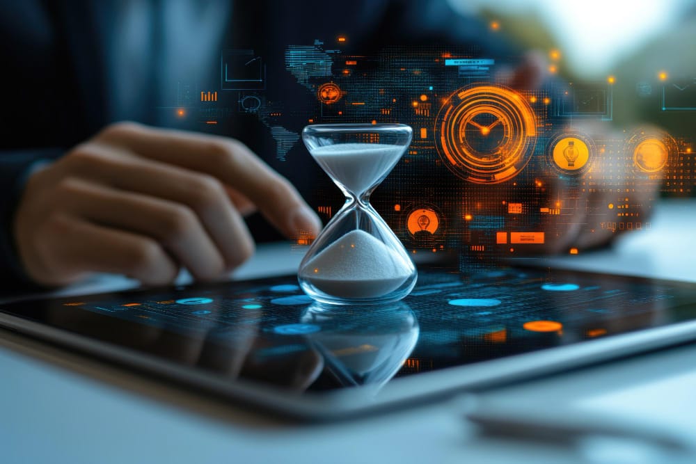 IA reacende debate sobre redução da jornada de trabalho no Brasil 1 trabalhadores em ambiente híbrido com tecnologia e IA, relógio simbolizando redução da jornada de trabalho