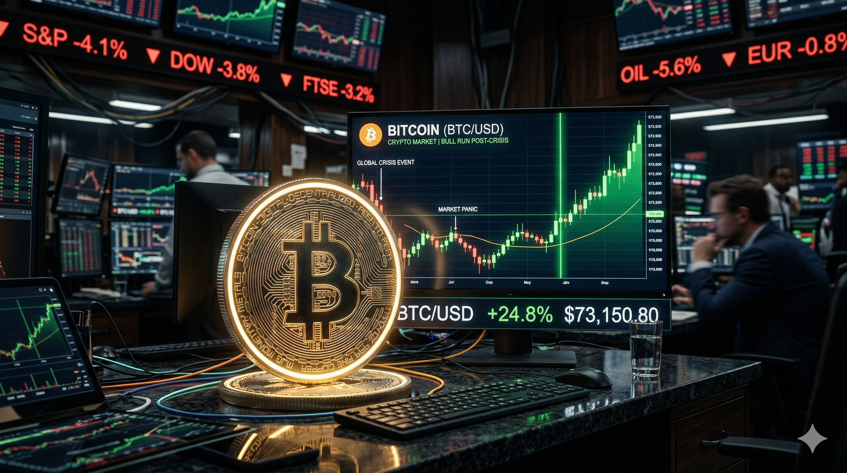 Bitcoin: a melhor proteção contra crises em 2026? 1 Bitcoin em alta após crises globais comparado a ouro e ações