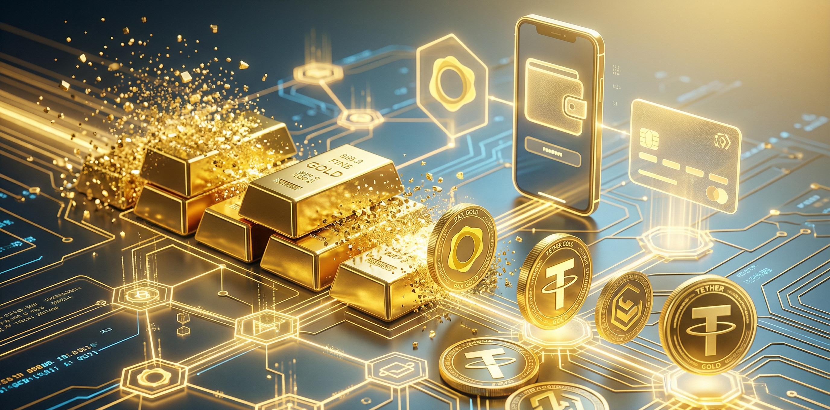Ouro tokenizado cresce 2,6 vezes mais rápido que o físico 1 Barras de ouro físico se transformando em ouro tokenizado em rede blockchain com ícones de pagamento digital