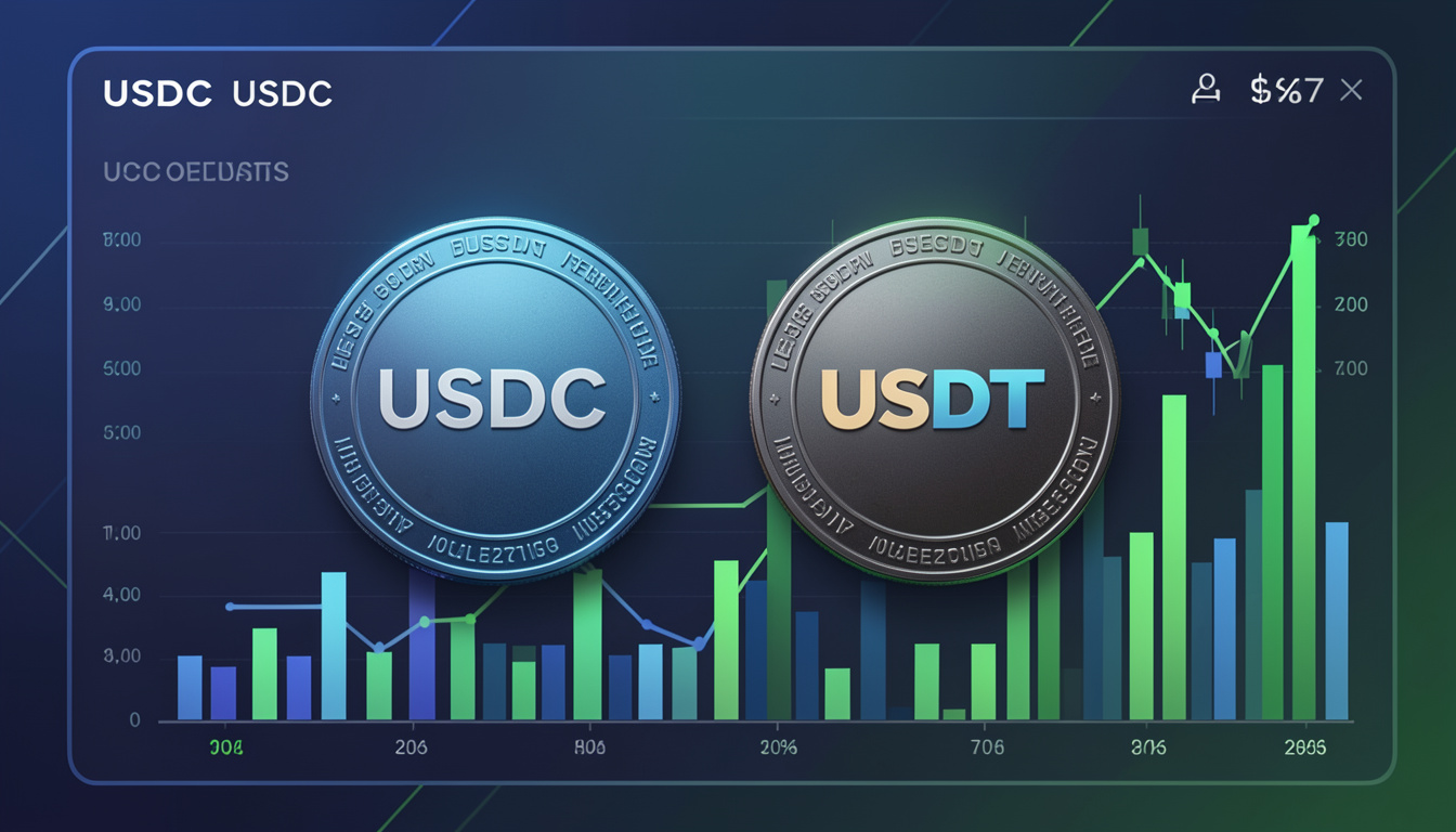 USDC supera USDT em volume de transações pela primeira vez em 7 anos 1 Gráfico comparando o volume de transações do USDC e do USDT em 2026, com o USDC liderando pela primeira vez desde 2019