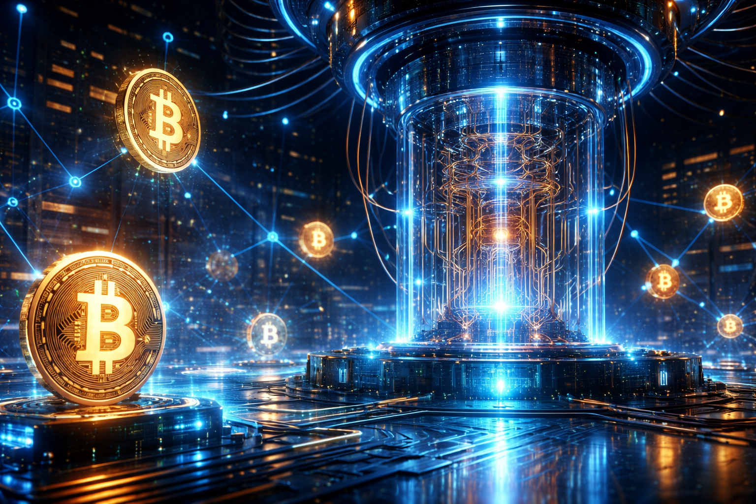 Computador quântico ameaçando segurança do Bitcoin em ambiente digital futurista