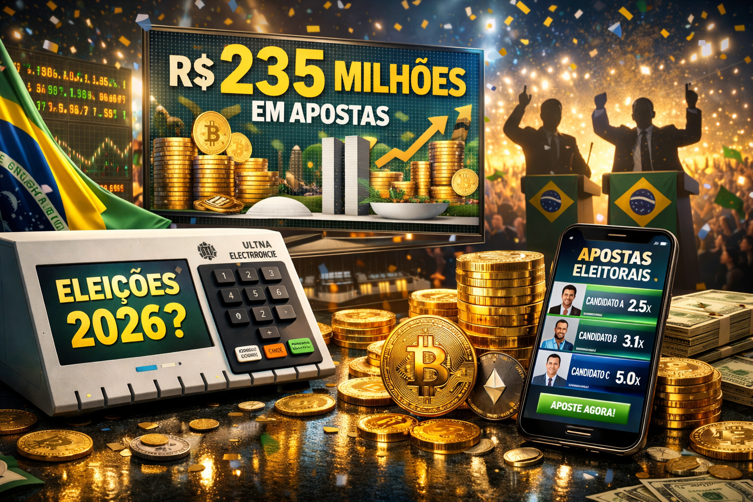 Eleições 2026 já movimentam R$ 235 milhões em apostas com criptomoedas 1 Tela digital exibindo probabilidades em tempo real de apostas com criptomoedas para as eleições presidenciais brasileiras de 2026