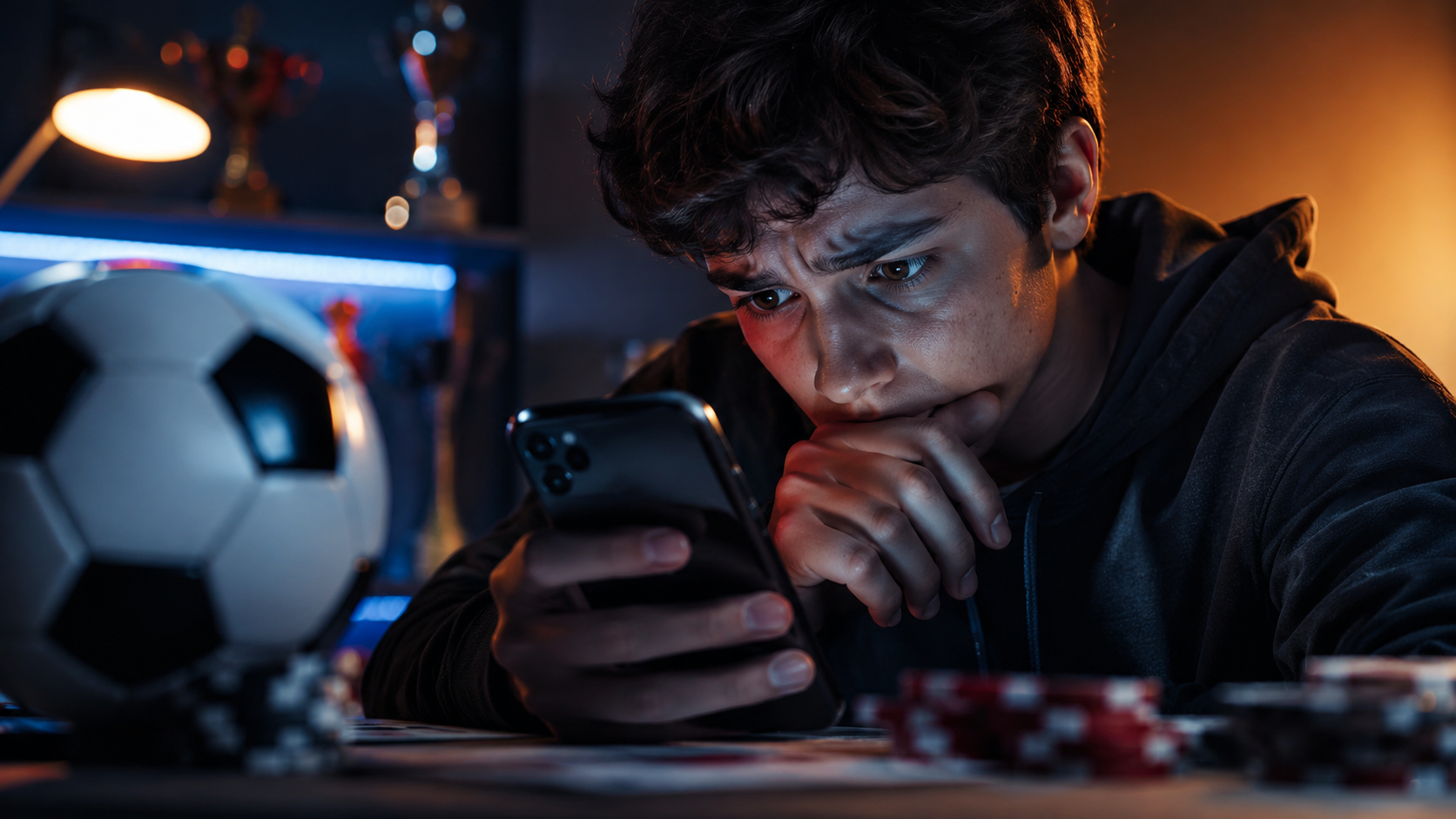 Jovem olhando para celular com apostas esportivas digitais em apartamento urbano à noite