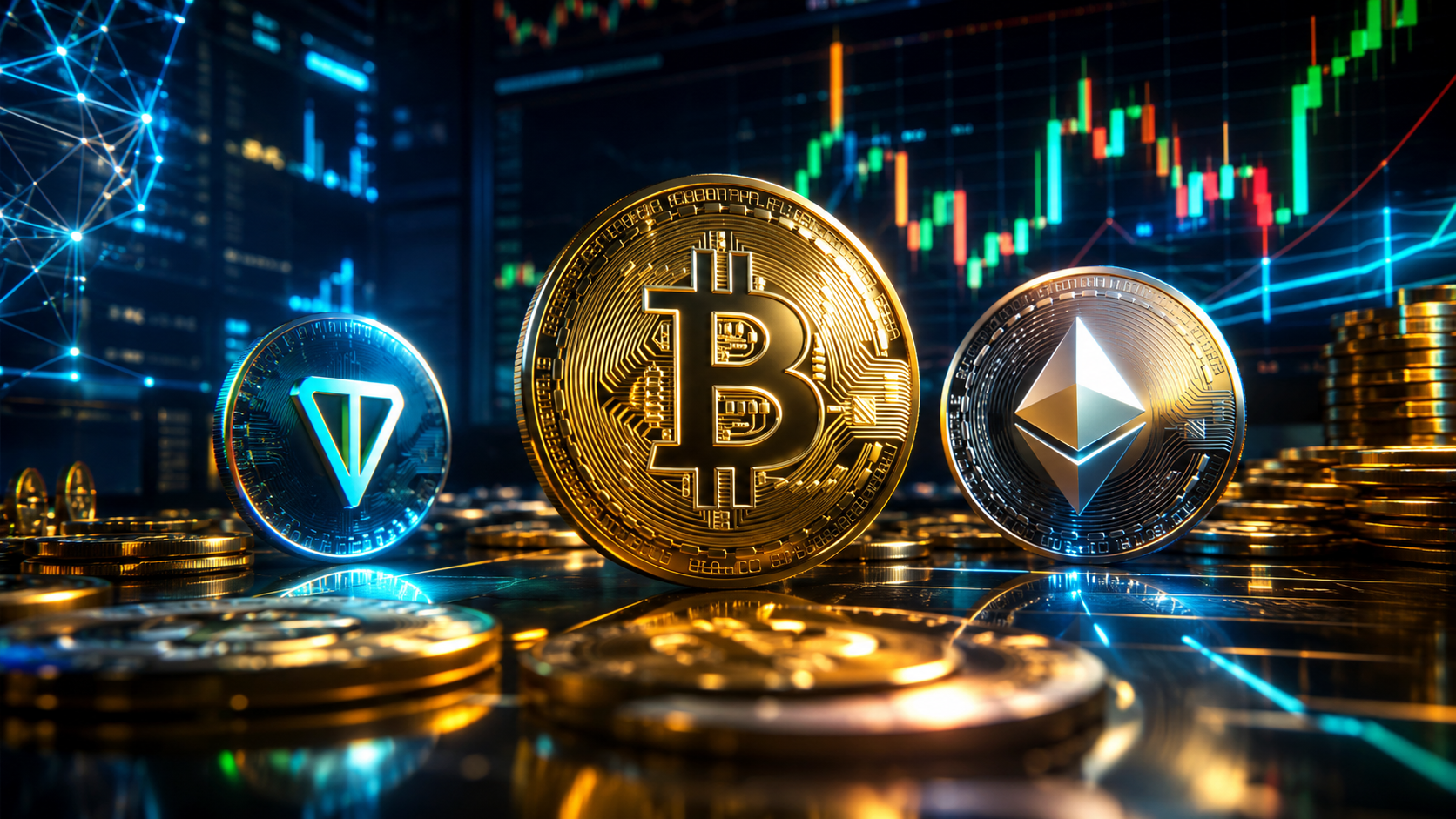 Bitcoin em alta ao lado de Ethereum e TON em cenário tecnológico do mercado cripto.