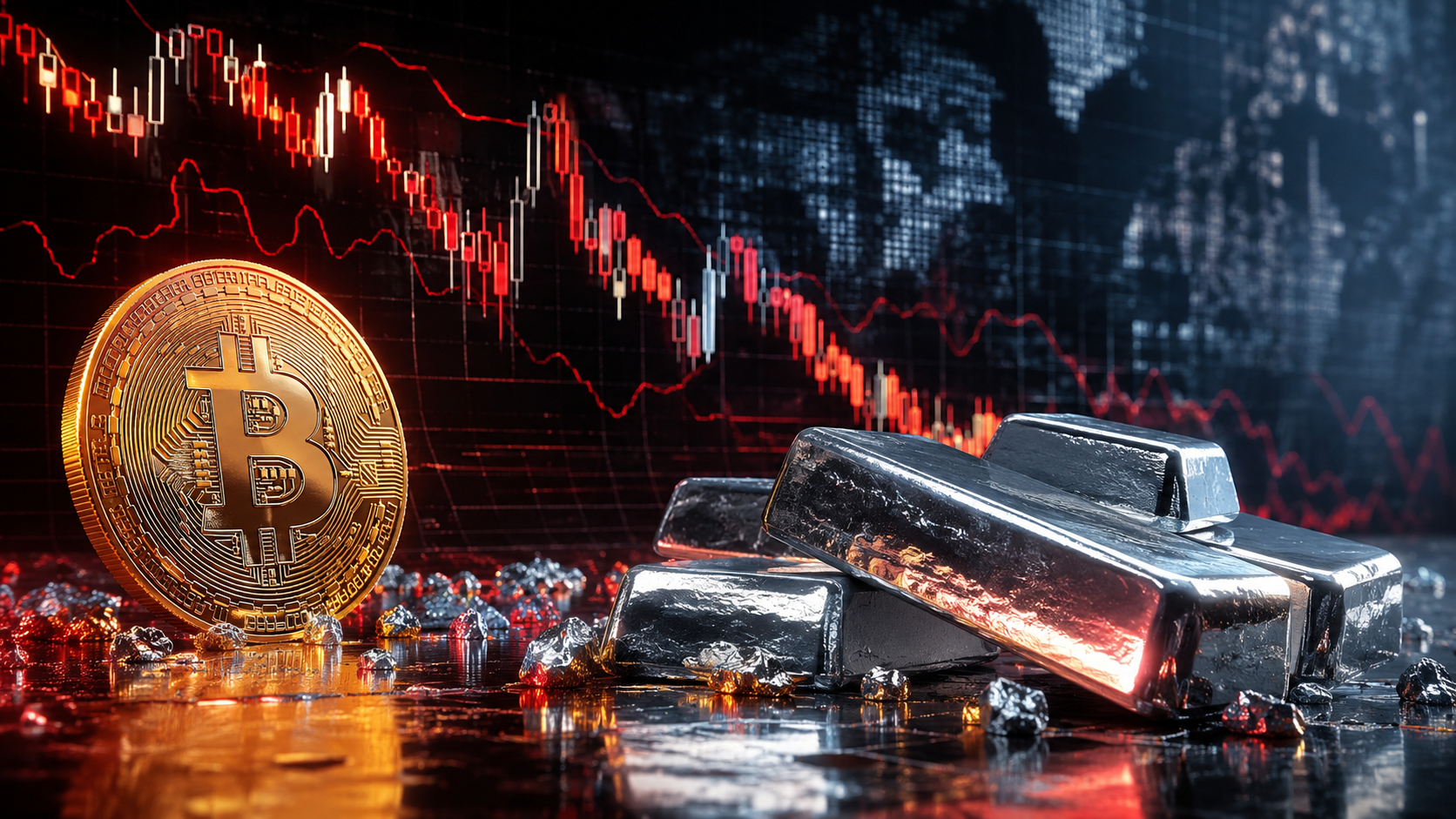 Bitcoin e prata apresentam queda semelhante de 52% e padrões técnicos de baixa nos gráficos semanais.