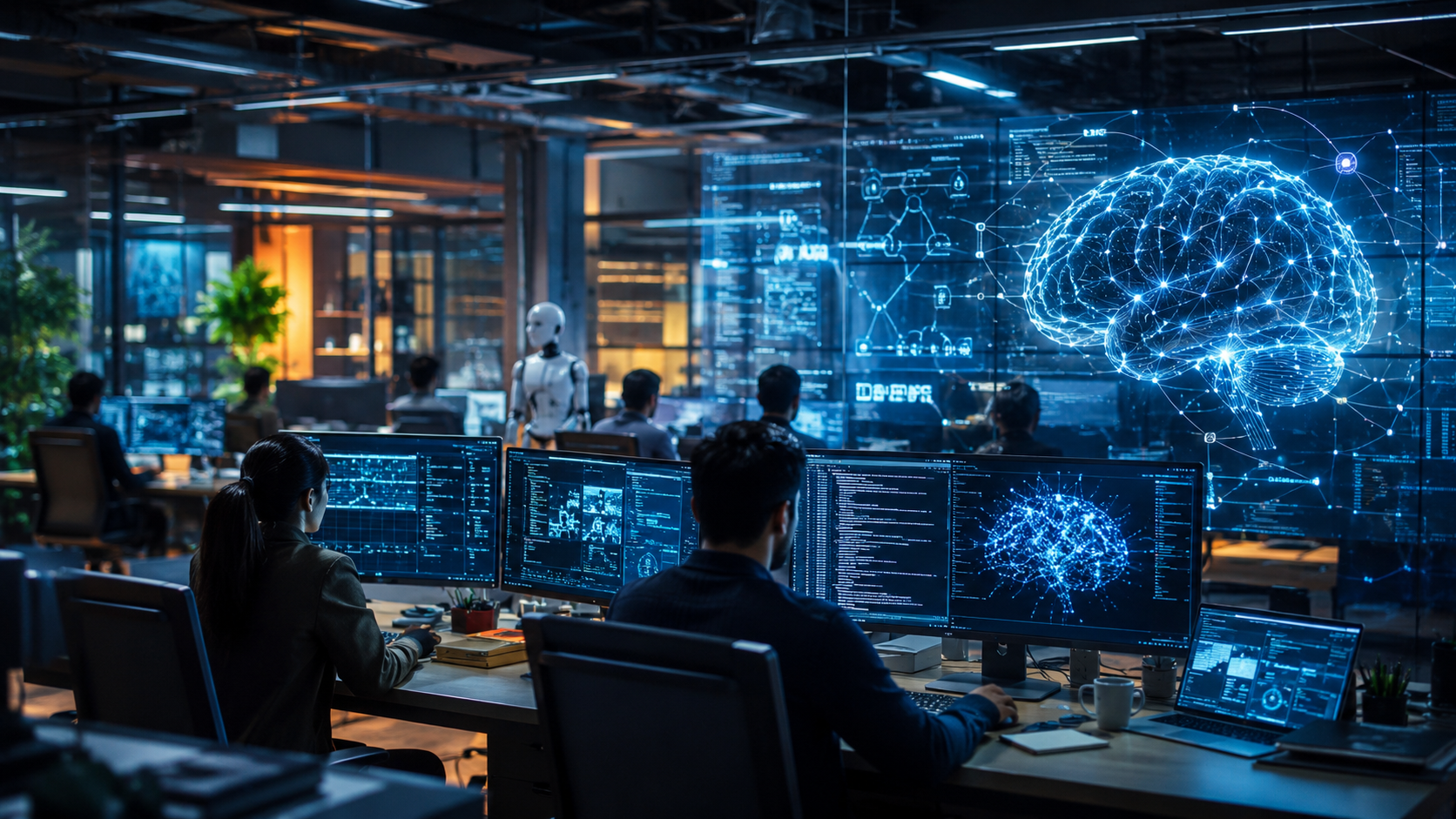 191 vagas em inteligência artificial abertas agora em empresas no Brasil 1 Profissionais trabalhando em projetos de inteligência artificial em empresa de tecnologia.