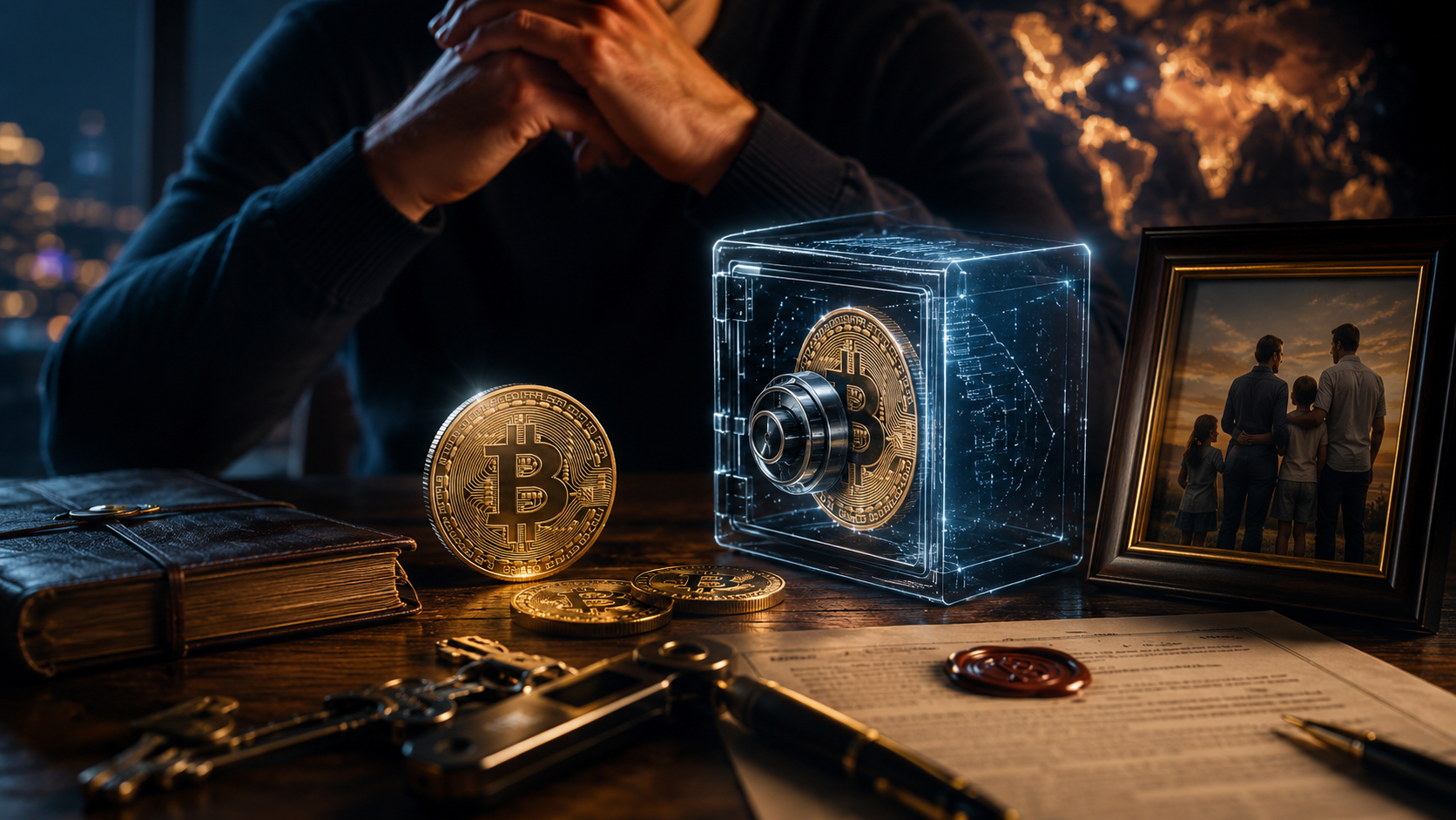 Investidor analisando carteira digital de Bitcoin em cenário que representa herança digital e proteção patrimonial.