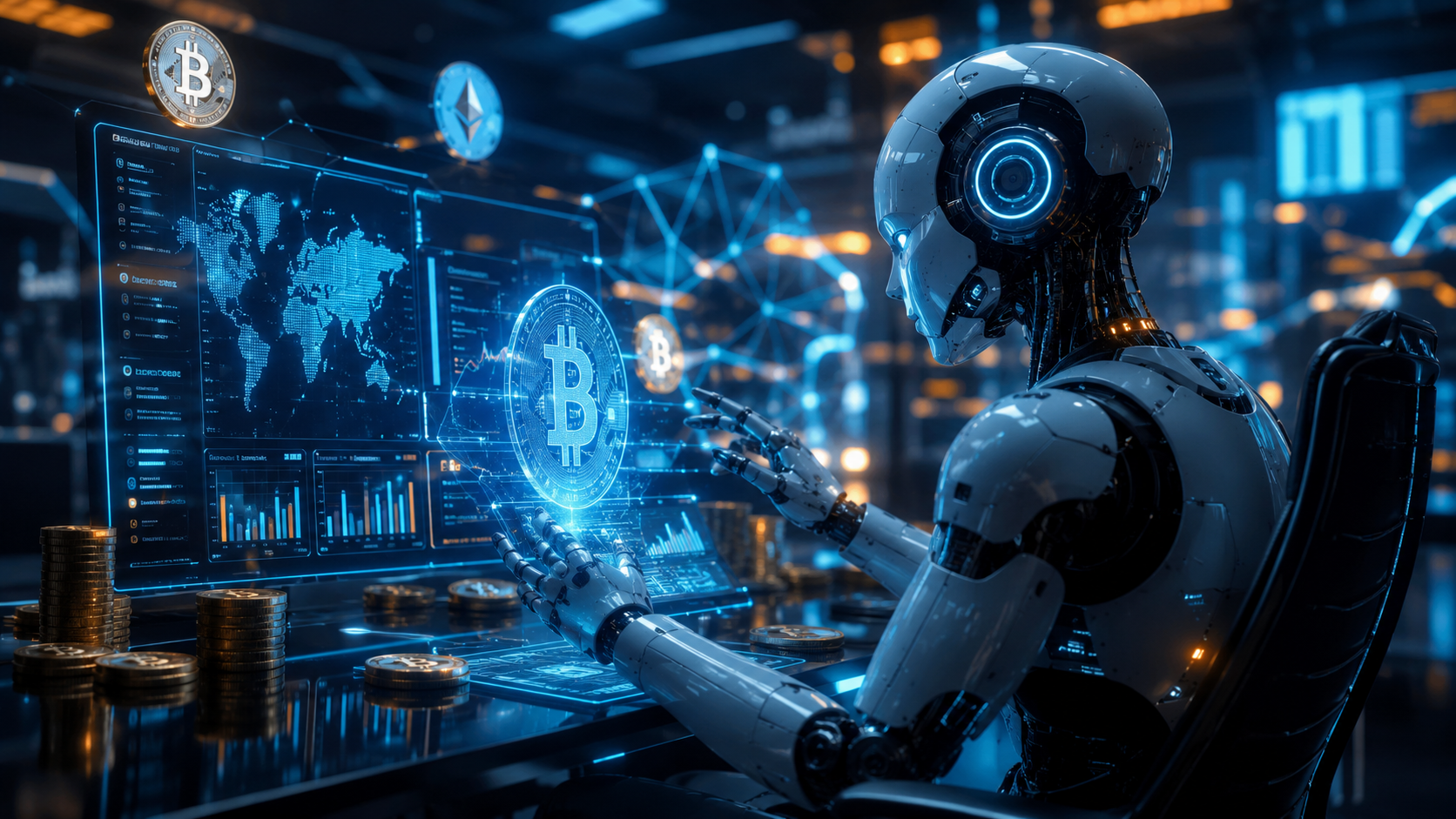 IA e criptomoedas avançam com carteiras inteligentes 1 IA gerenciando carteiras de criptomoedas em ambiente blockchain futurista.