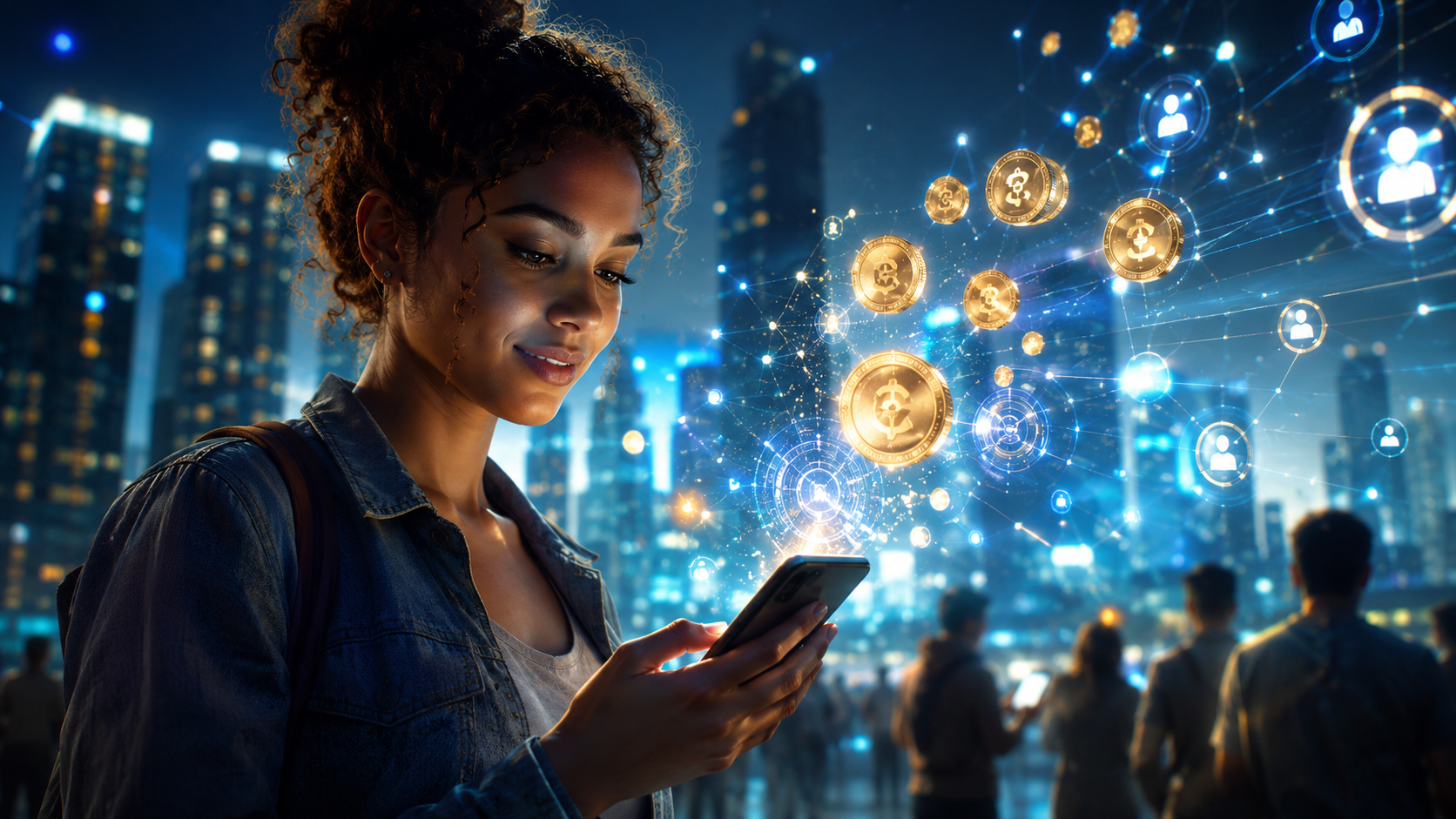 Startup brasileira quer dividir com usuários o lucro das redes sociais 1 Usuário utilizando smartphone enquanto recebe recompensas digitais em plataforma baseada em blockchain que representa a economia da atenção.