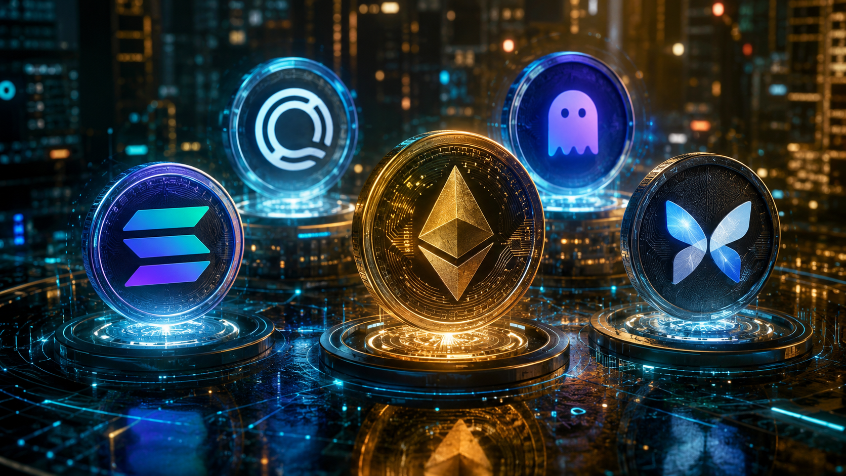 5 criptomoedas em destaque representando as principais apostas do Mercado Bitcoin para agosto em um cenário de blockchain e tecnologia financeira.