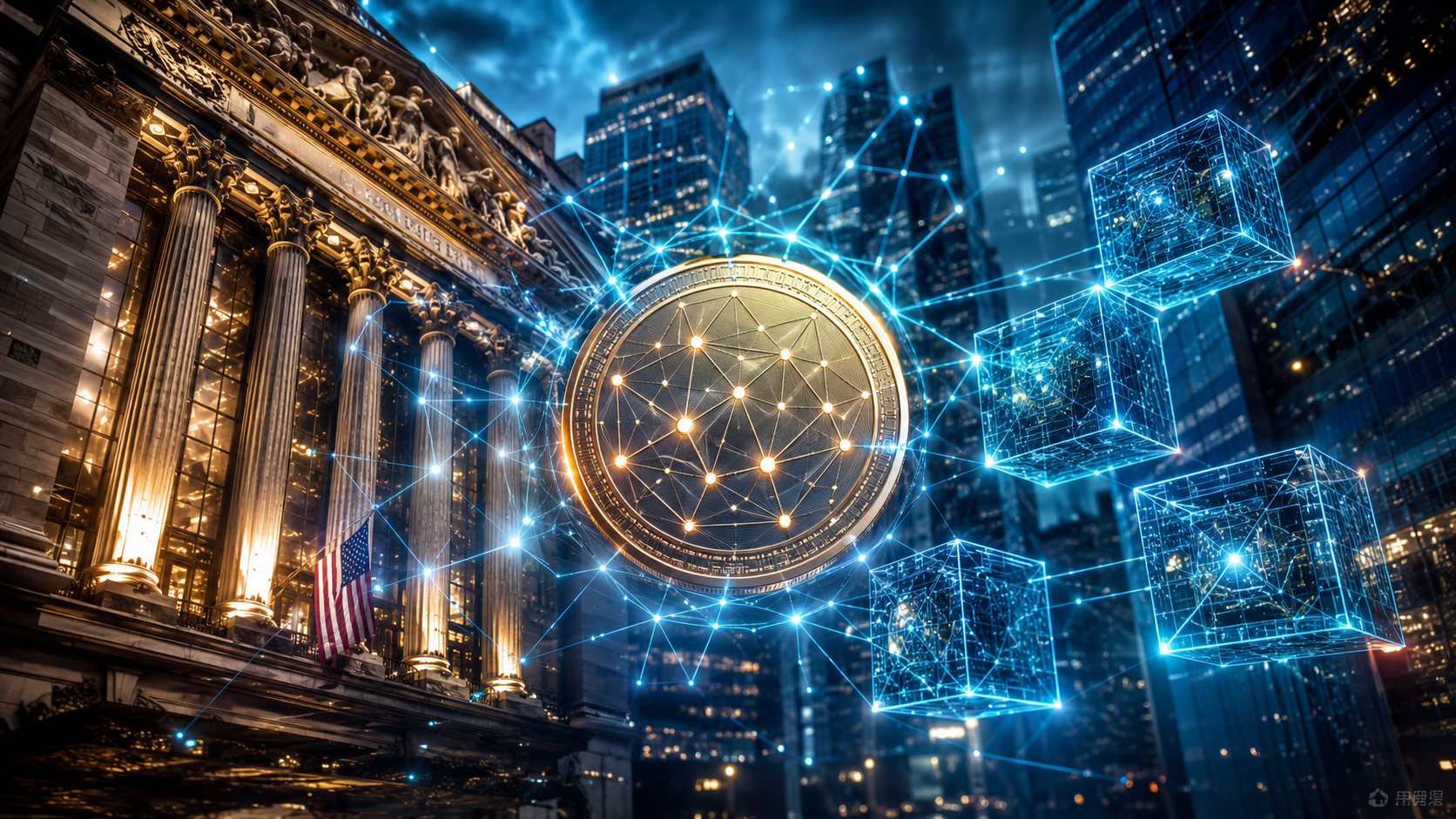 Ilustração representando ações tokenizadas conectando Wall Street à tecnologia blockchain.
