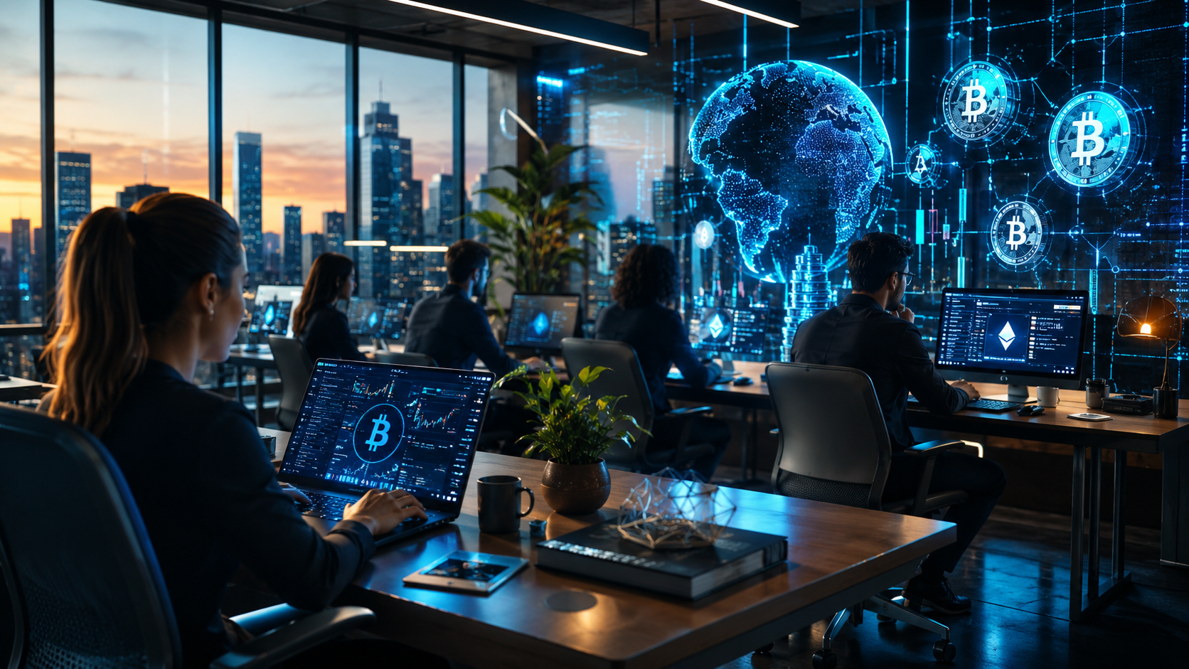 Circle, Binance, Ripple e Nubank anunciam novas oportunidades de emprego no mercado cripto 1 Profissionais trabalham em escritório de empresas do mercado cripto com gráficos de blockchain e criptomoedas ao fundo.