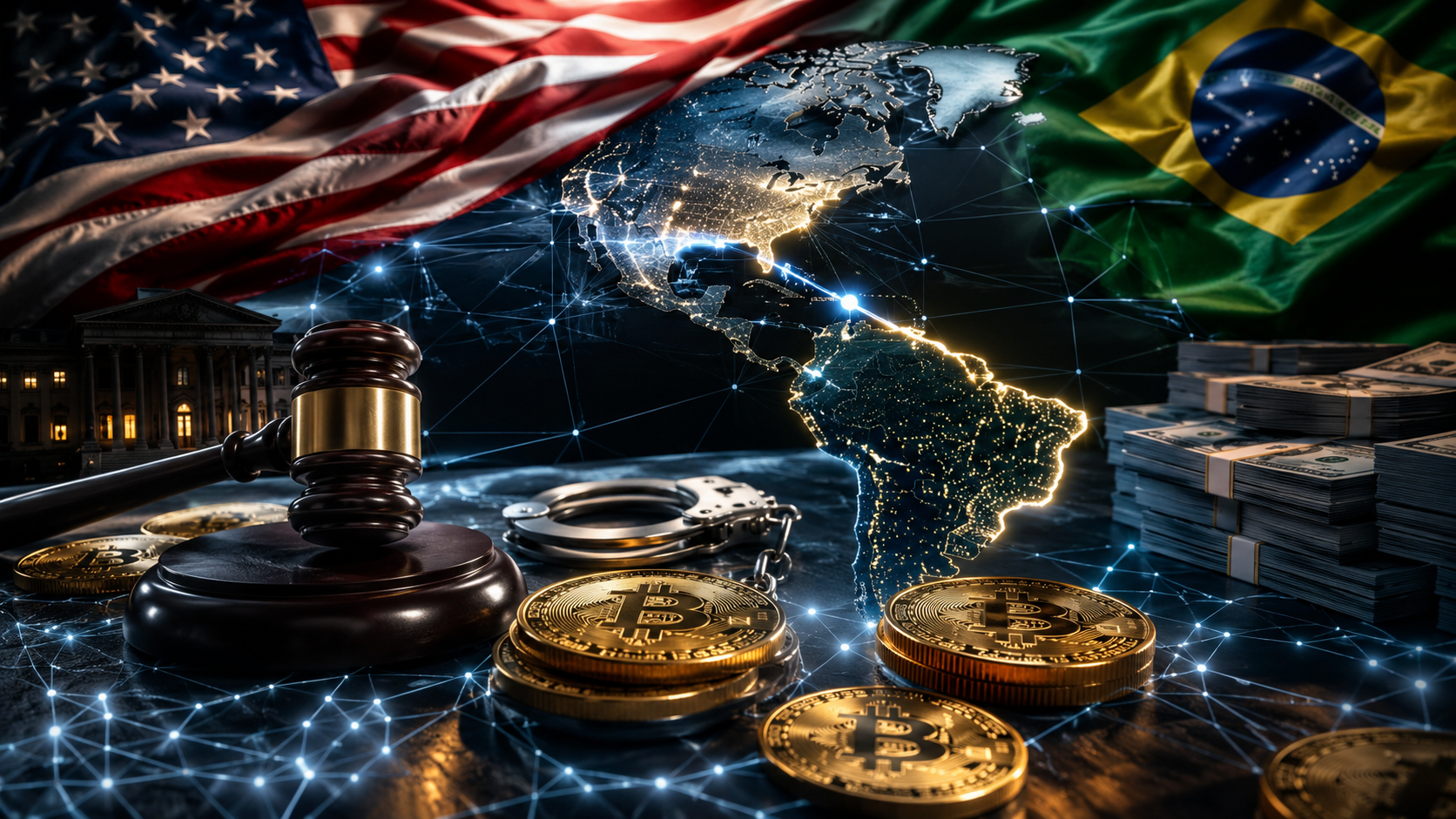 Ilustração representando sanções dos Estados Unidos envolvendo criptomoedas, lavagem de dinheiro e investigação financeira ligada ao PCC.