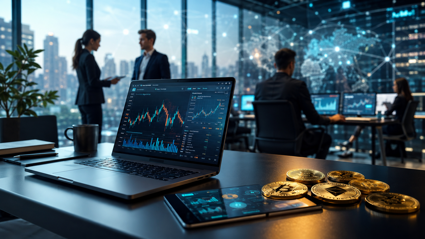 Empresas de criptomoedas e bancos abrem vagas no Brasil e exterior; confira as oportunidades 1 Profissionais analisando vagas em empresas de criptomoedas e blockchain em ambiente corporativo moderno.