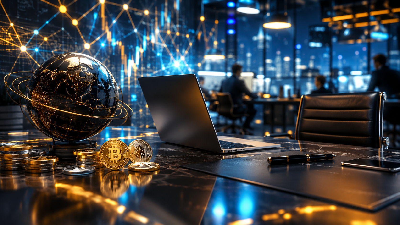 Mercado cripto abre novas oportunidades com vagas em empresas globais 1 Profissionais trabalhando em escritório tecnológico representando vagas no mercado de criptomoedas.