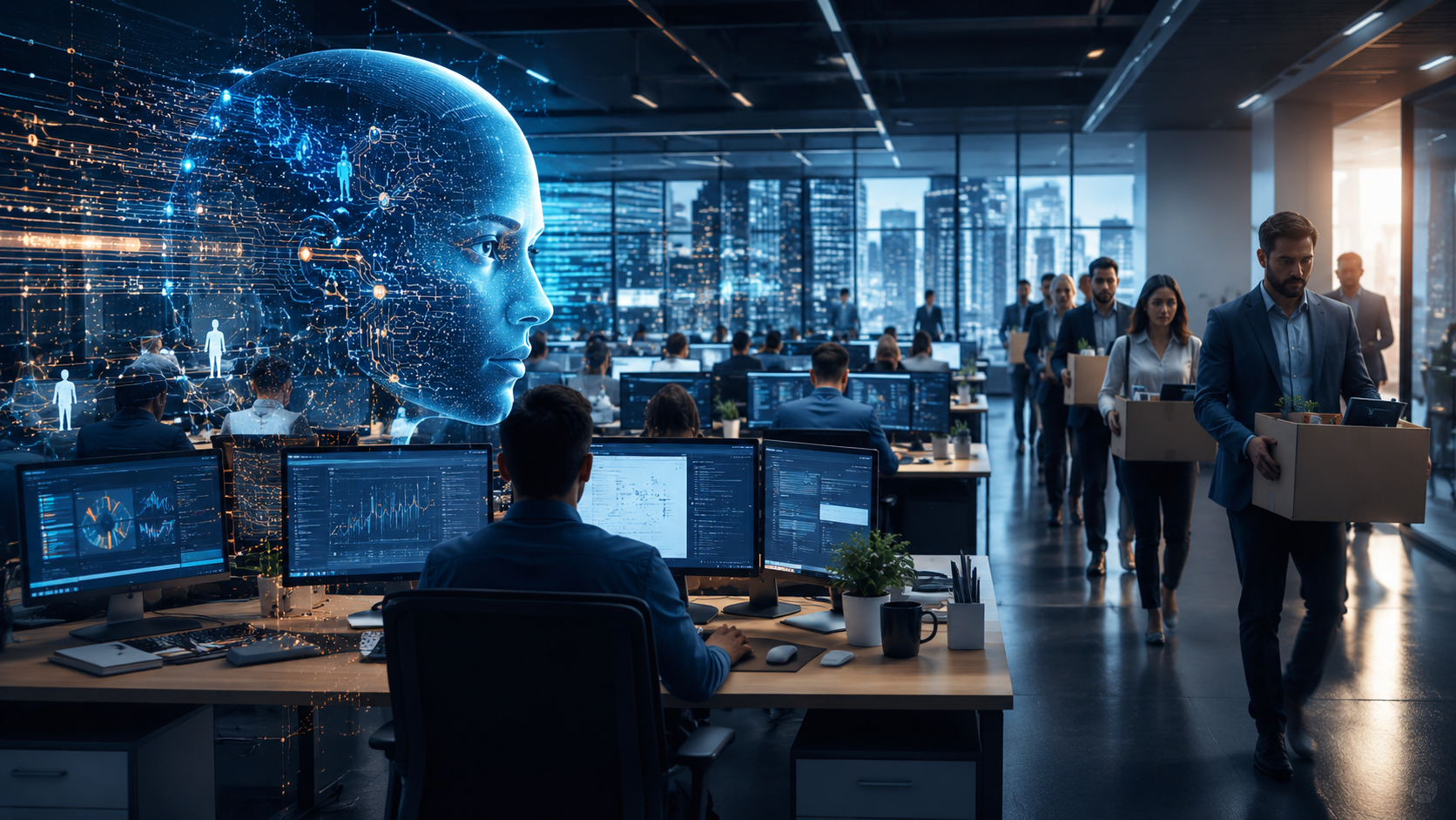 Meta monitorou mouse e teclado dos funcionários e usou os dados para demitir 1 Funcionários em escritório enquanto um sistema de inteligência artificial analisa dados durante processo de demissões na Meta.
