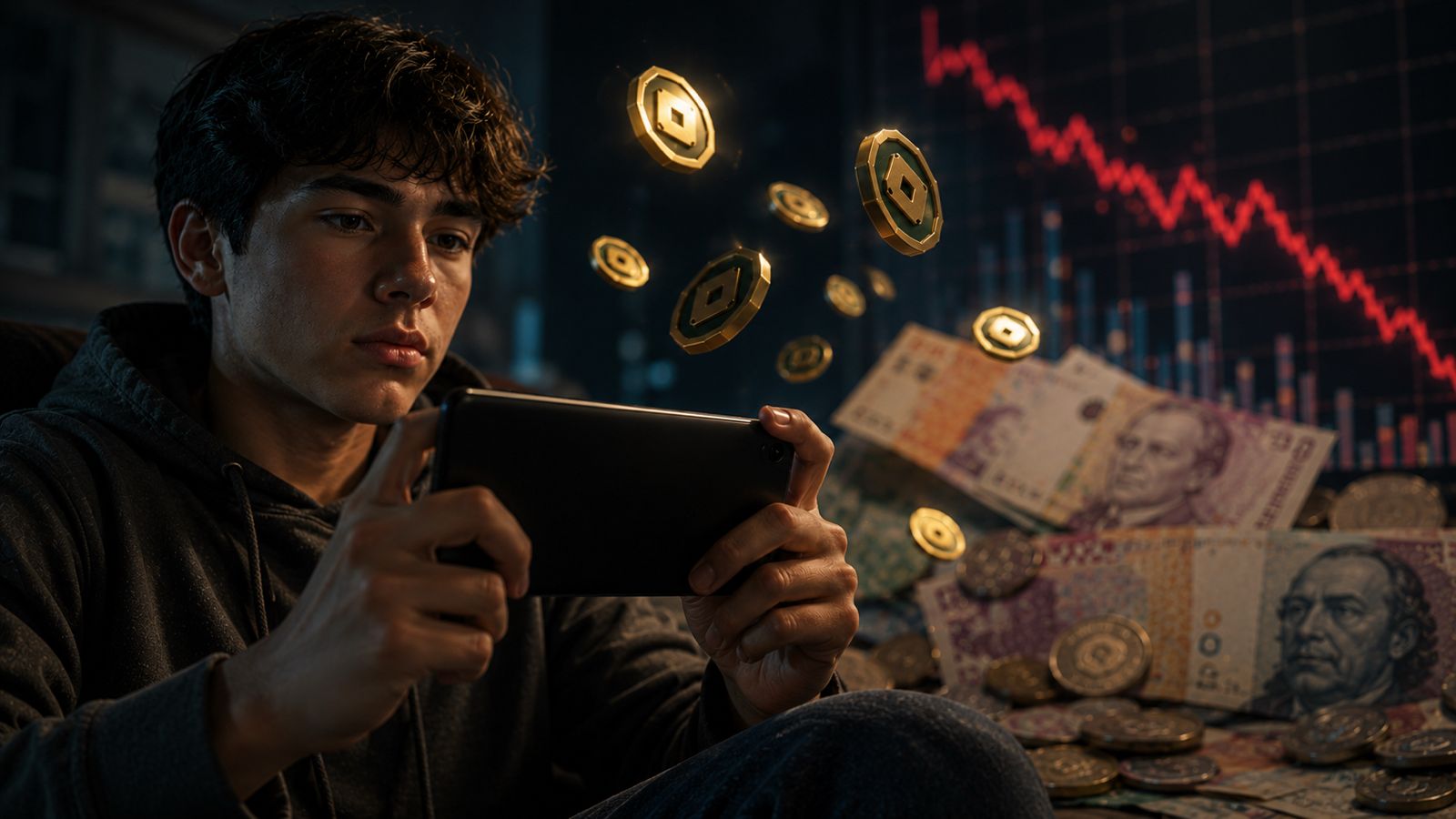 Peso argentino cai tanto que moeda do Roblox passou a valer mais 1 Comparação entre a moeda do Roblox e o peso argentino em cenário que representa inflação e economia.