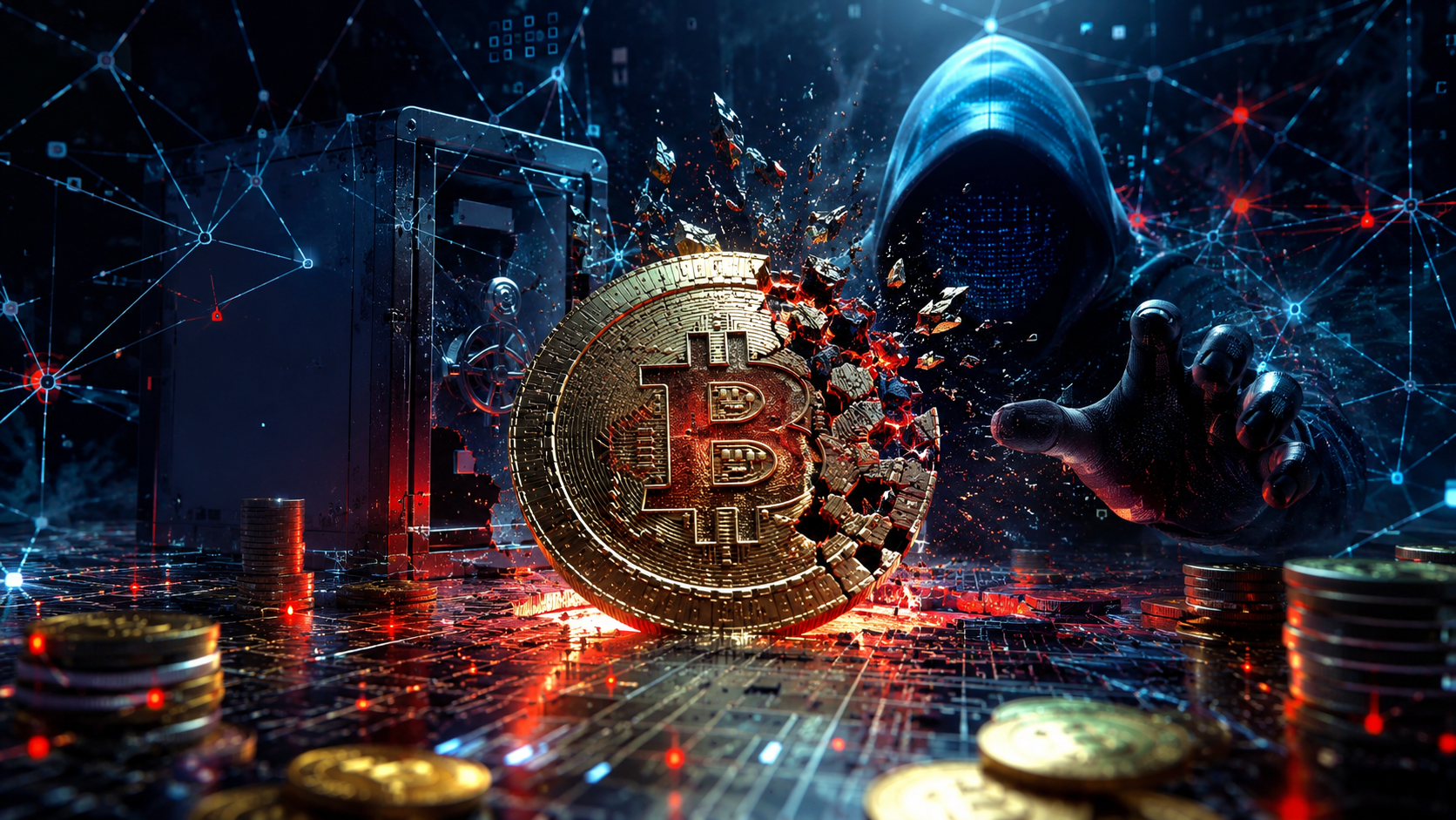 Ilustração de uma rede blockchain sob ataque digital, representando o aumento dos hacks de criptomoedas em 2026.