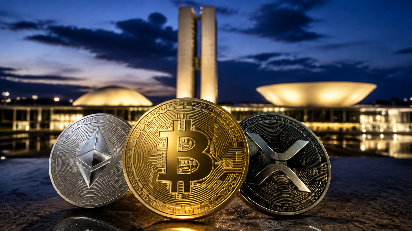 Criptomoedas nas eleições: Bitcoin lidera bens de candidatos 1 Ilustração de Bitcoin, Ethereum e XRP diante de uma urna brasileira, representando criptomoedas nas eleições de 2026.