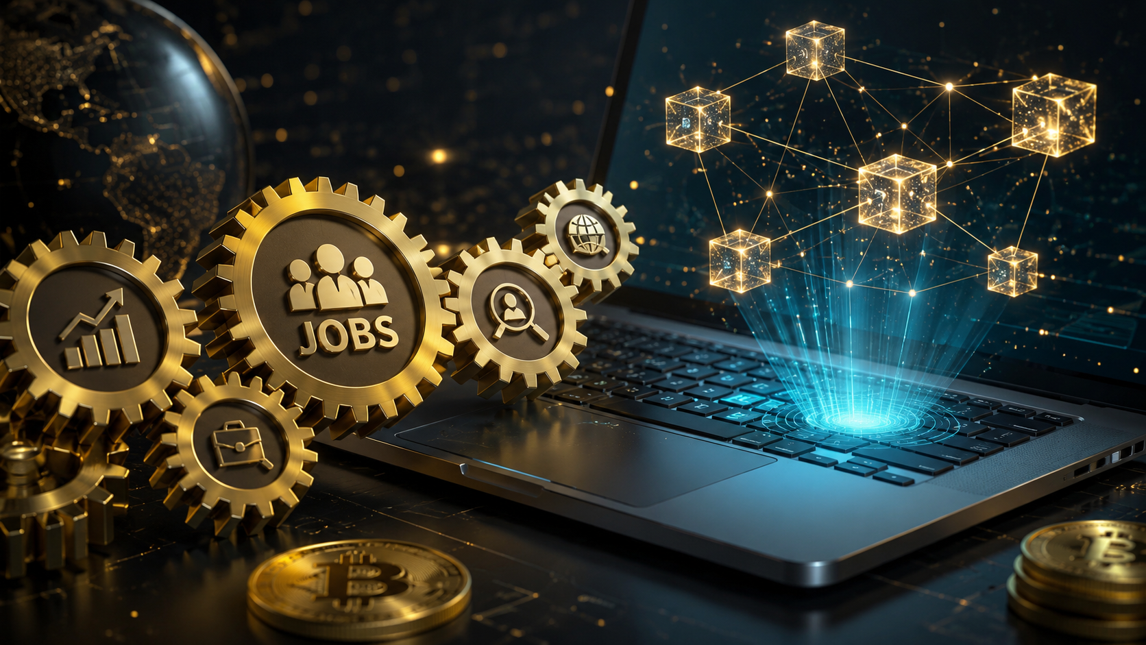 Renderização 3D de engrenagens e rede blockchain simbolizando vagas de empregos em criptomoedas no Brasil