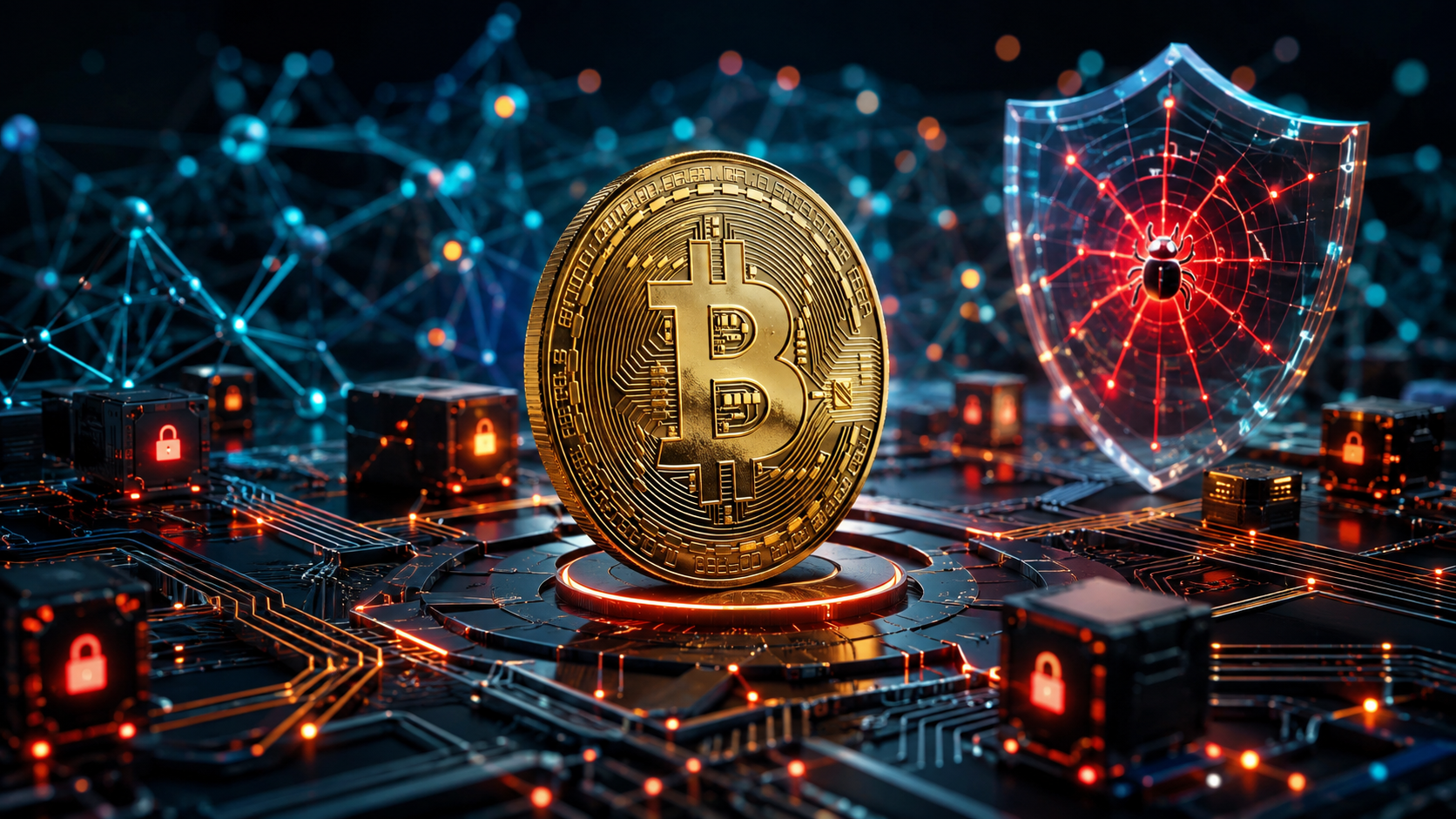 Bitcoin cercado por elementos digitais que representam segurança cibernética e vulnerabilidades em projetos de criptomoedas.