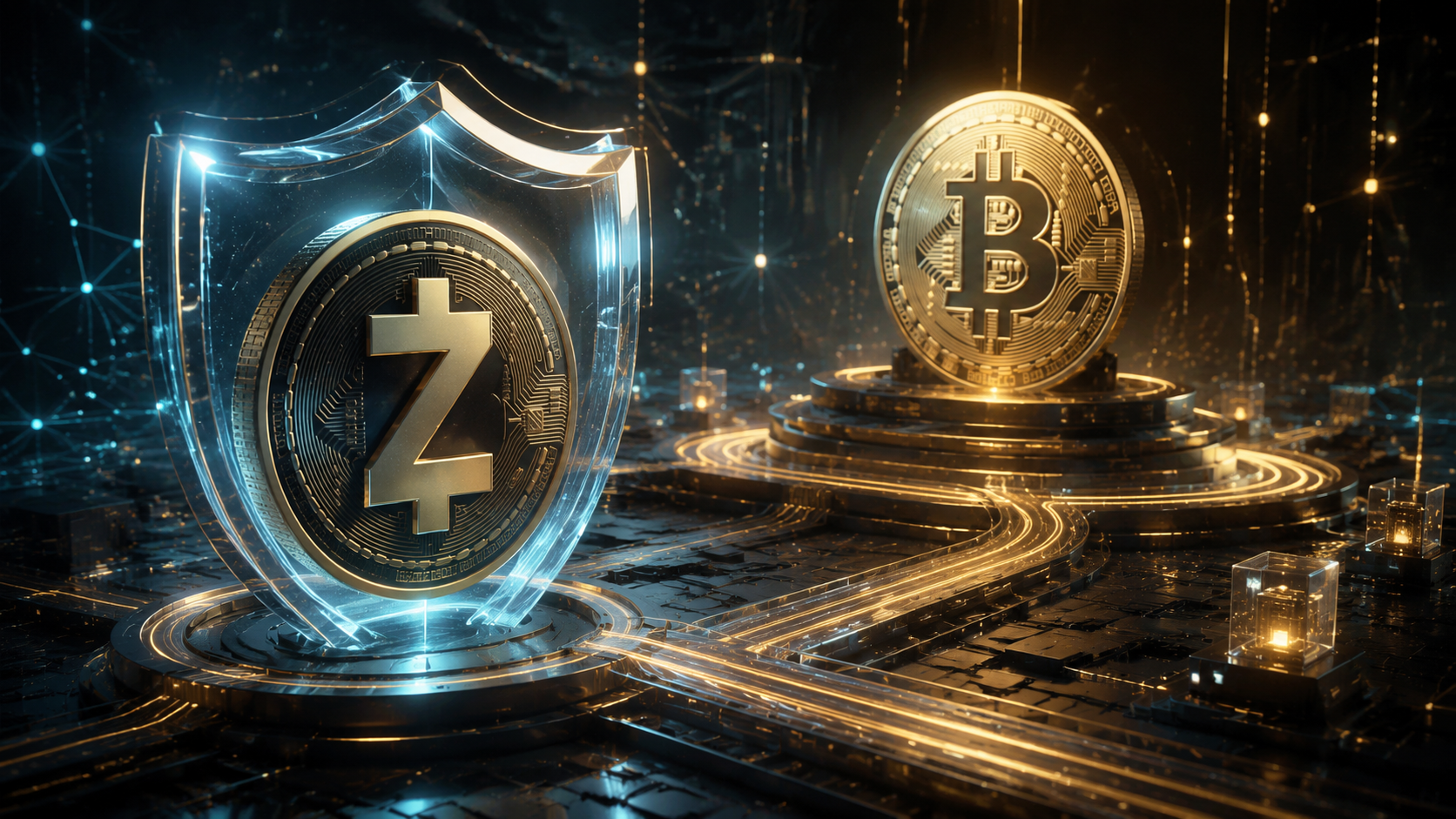 Zcash e Bitcoin aparecem lado a lado em cenário sobre privacidade e tecnologia quântica.