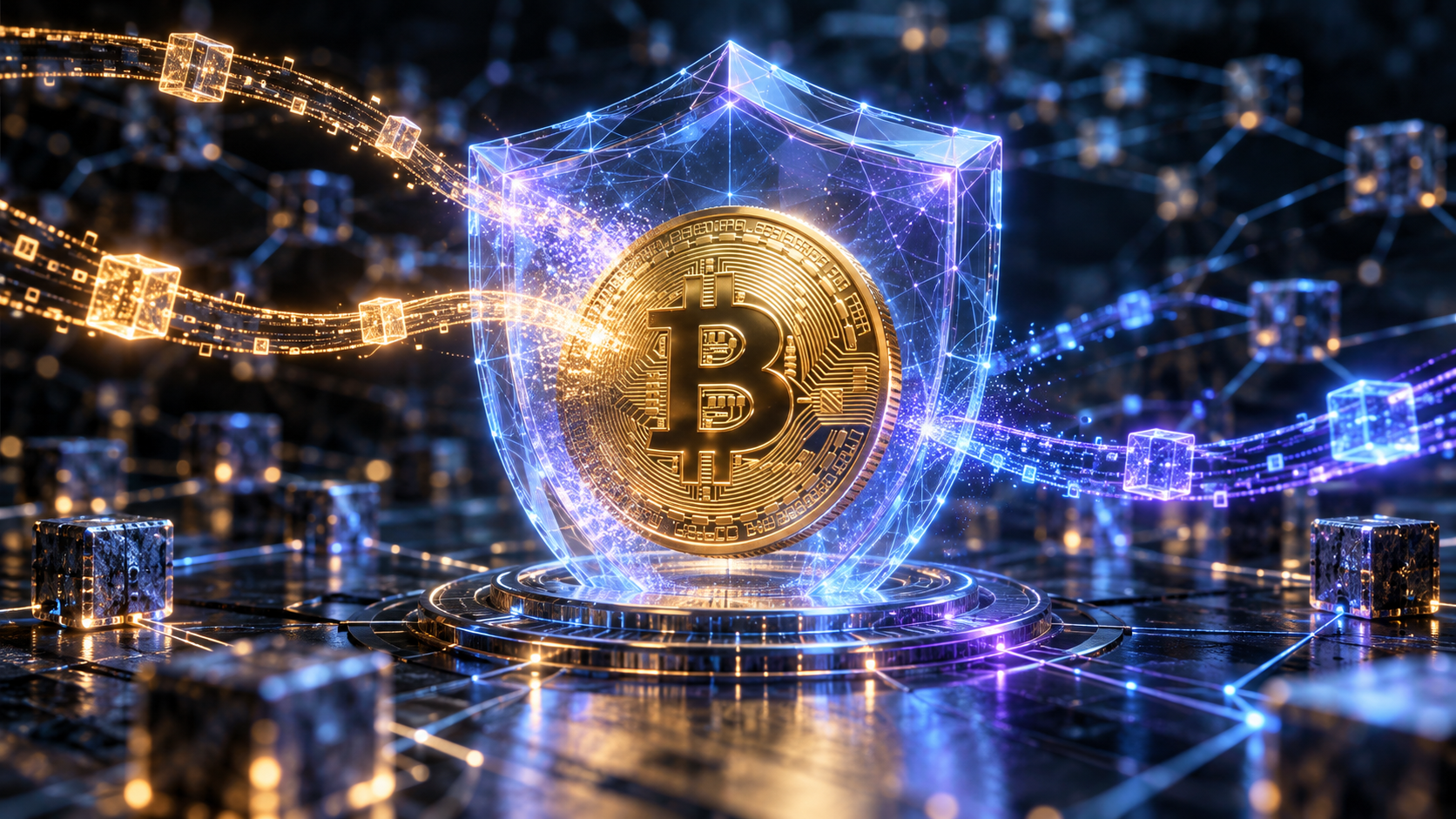 Ilustração de Bitcoin com escudo digital representa proposta de transferências privadas.