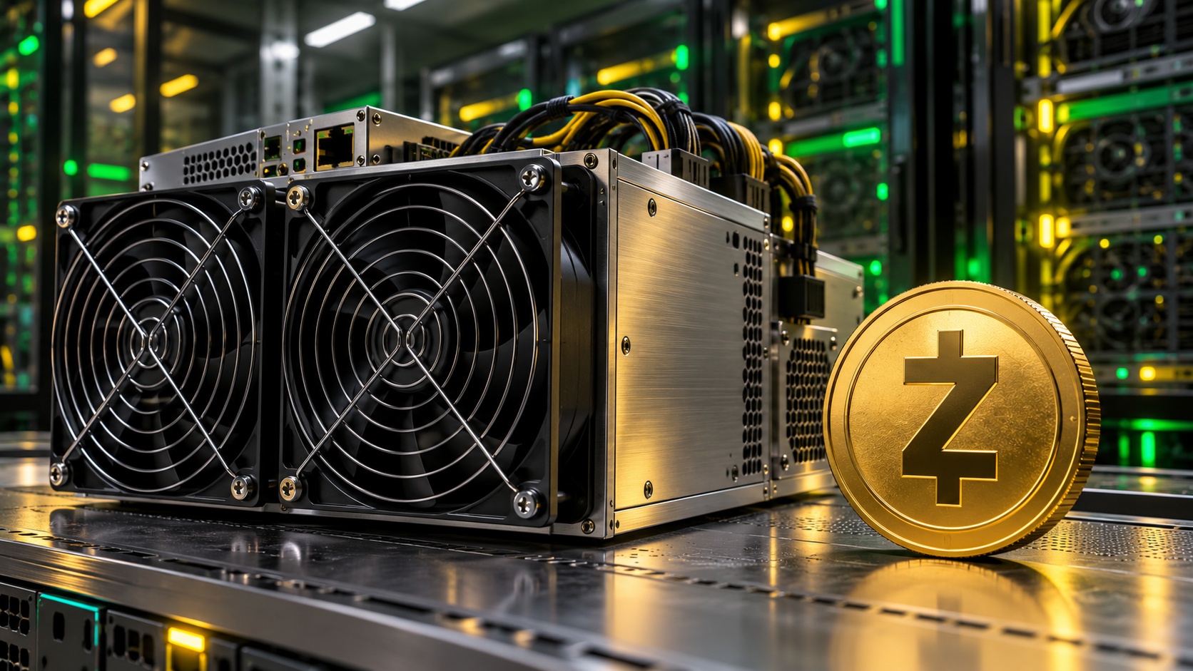 Ilustração de equipamento ASIC para mineração de Zcash ao lado de uma moeda simbólica em um data center.