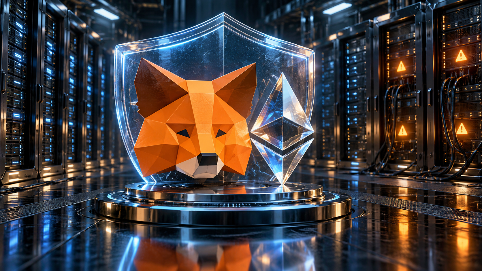 Raposa da MetaMask e símbolo do Ethereum diante de um escudo em ambiente de servidores.
