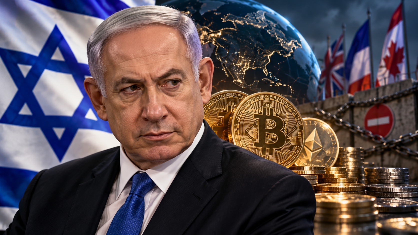 Netanyahu e criptomoedas em debate sobre sanções econômicas contra Israel.