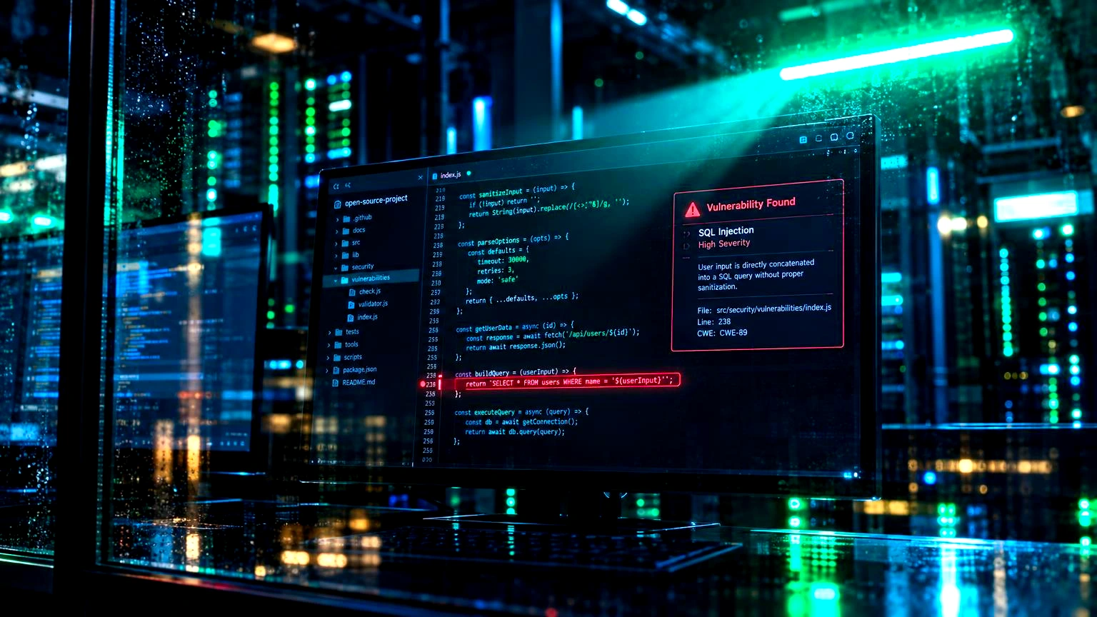 Terminal de código com linhas de um repositório open-source sendo analisadas, com um ponto destacado indicando uma falha encontrada, data center ou sala de servidores com monitores