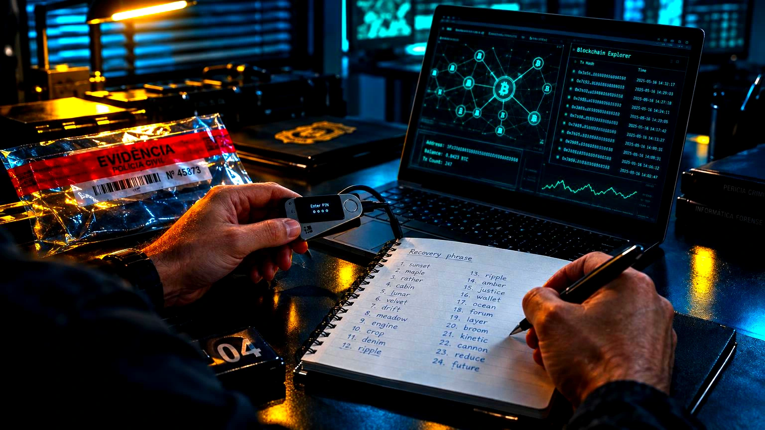 um notebook aberto sobre uma mesa de perícia policial, com uma carteira de hardware de criptomoedas conectada ao lado e um lacre de evidência visível, sala de perícia digital de de