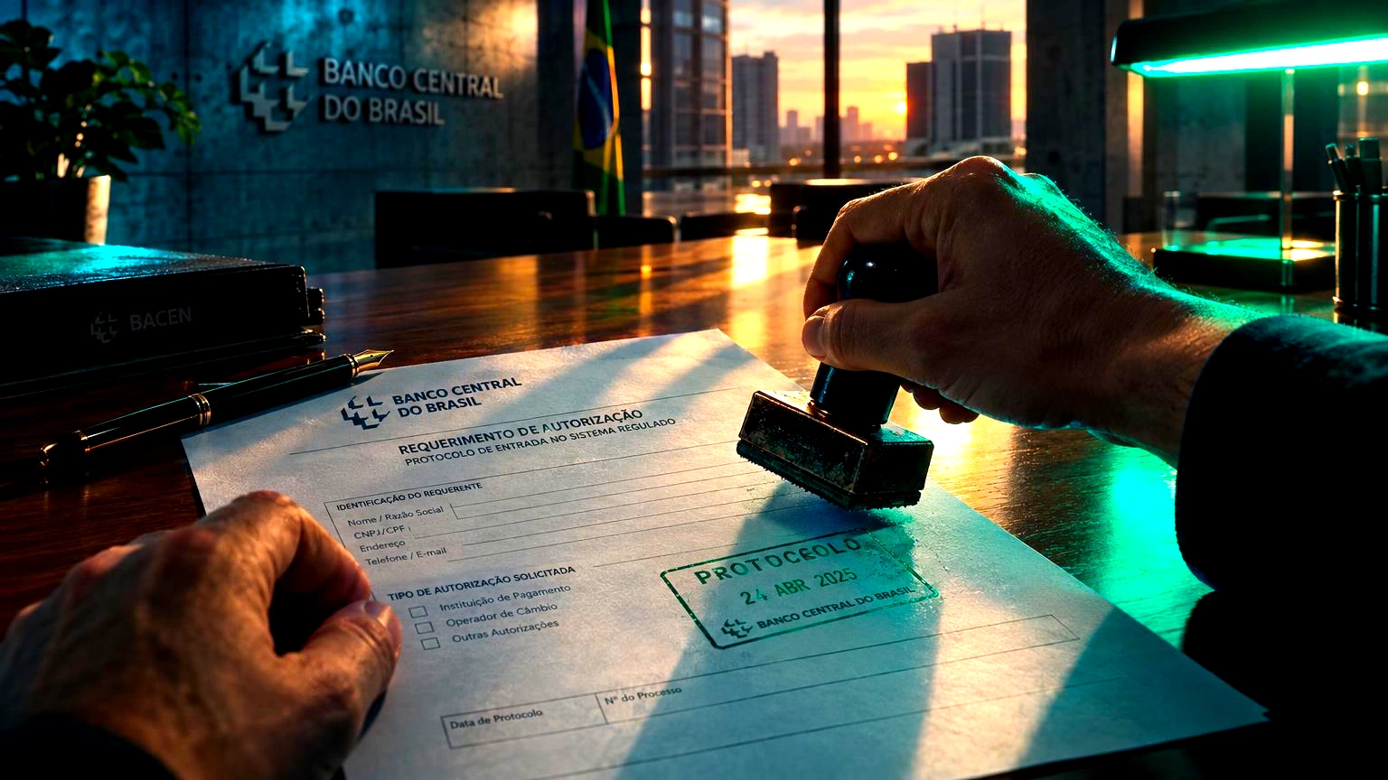 Avenia pede autorização ao Banco Central para operar como VASP 1 Documento oficial de requerimento com selo institucional do Banco Central, sobre uma mesa de madeira, com caneta e carimbo ao lado, Mesa de escritório sóbria em ambiente institucio