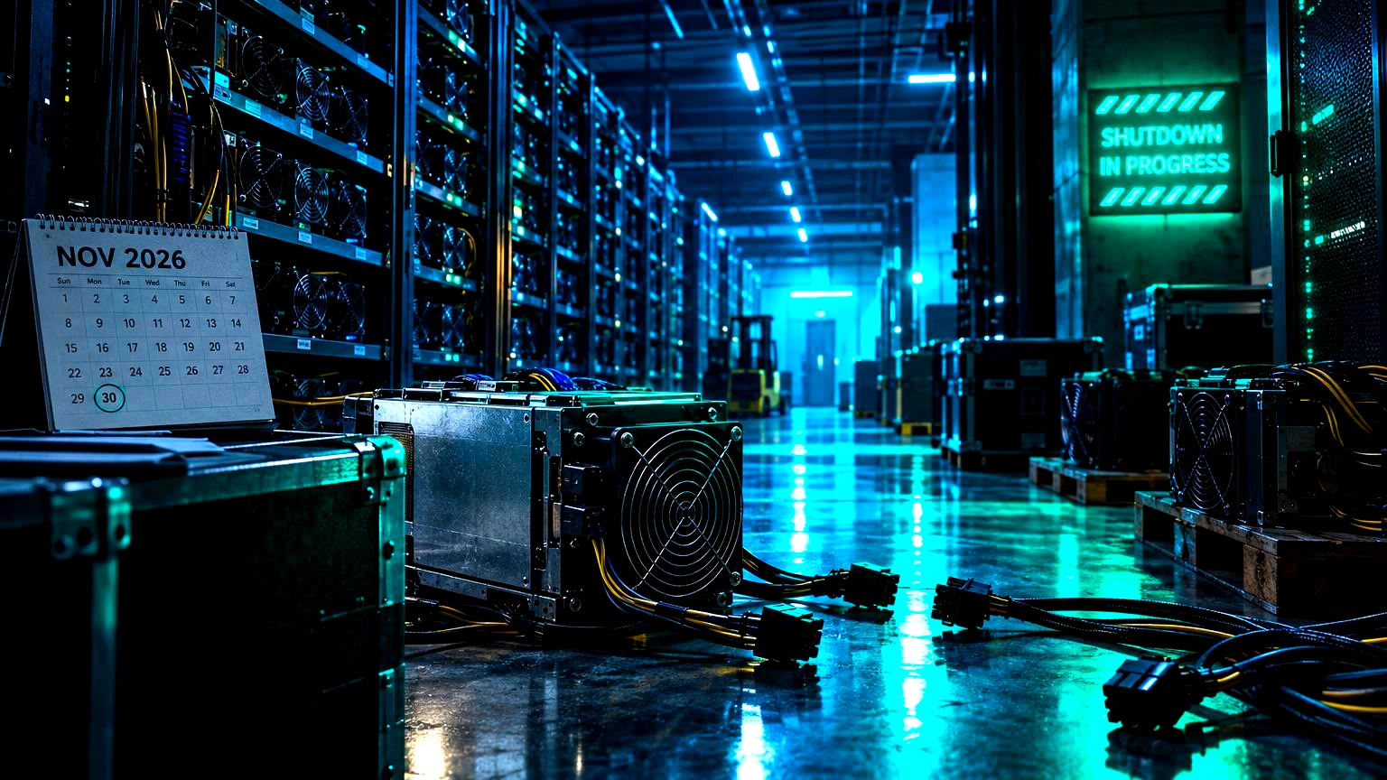 Binance encerra o Binance Pool em novembro e pede que mineradores migrem antes do prazo 1 Servidor de mineração com cabos de energia sendo desconectados, Interior de data center ou sala de servidores industrial, com racks de mineração, cabos organizados, iluminação fria