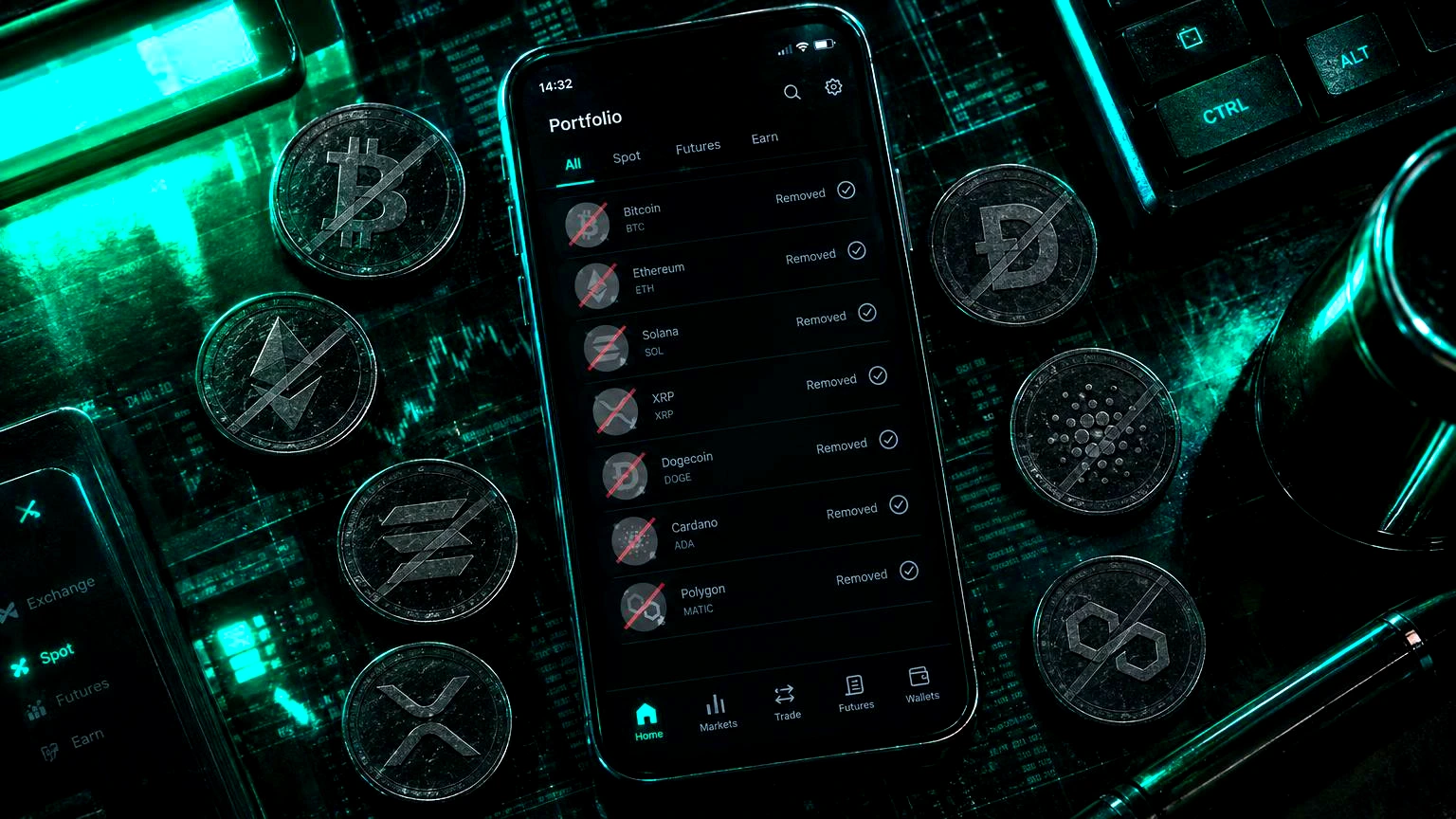 tela de um aplicativo de exchange de criptomoedas exibindo uma lista de tokens sendo removidos, com ícones apagados, interface digital abstrata de corretora, sem elementos de terri