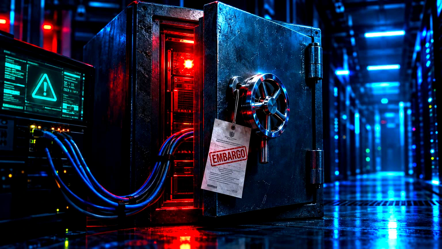 Bitcoin Core muda política de segurança por causa de bugs descobertos por IA 1 Um cofre-forte de aço com a porta entreaberta, revelando um servidor com luz de alerta acesa no interior, em primeiro plano nítido., Sala técnica de data center em penumbra, com co