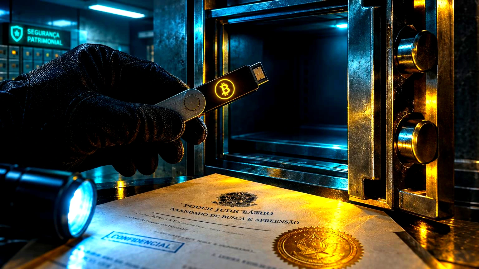 Um cofre-forte bancario de porta metalica aberta, com uma mao segurando um dispositivo de armazenamento (pendrive) sobre a abertura, sem rosto, Interior de sala-forte de banco ou c