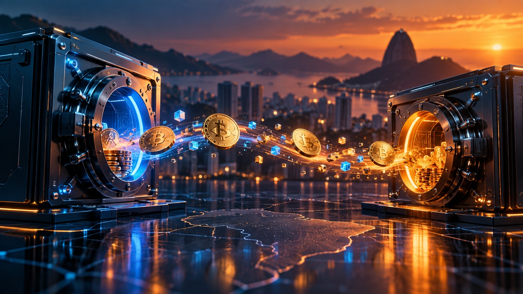 Bity fecha operações no Brasil e engrossa lista de saídas em 2026 1 Ilustração de transferência de criptomoedas entre cofres digitais após anúncio de que a Bity encerra serviços.