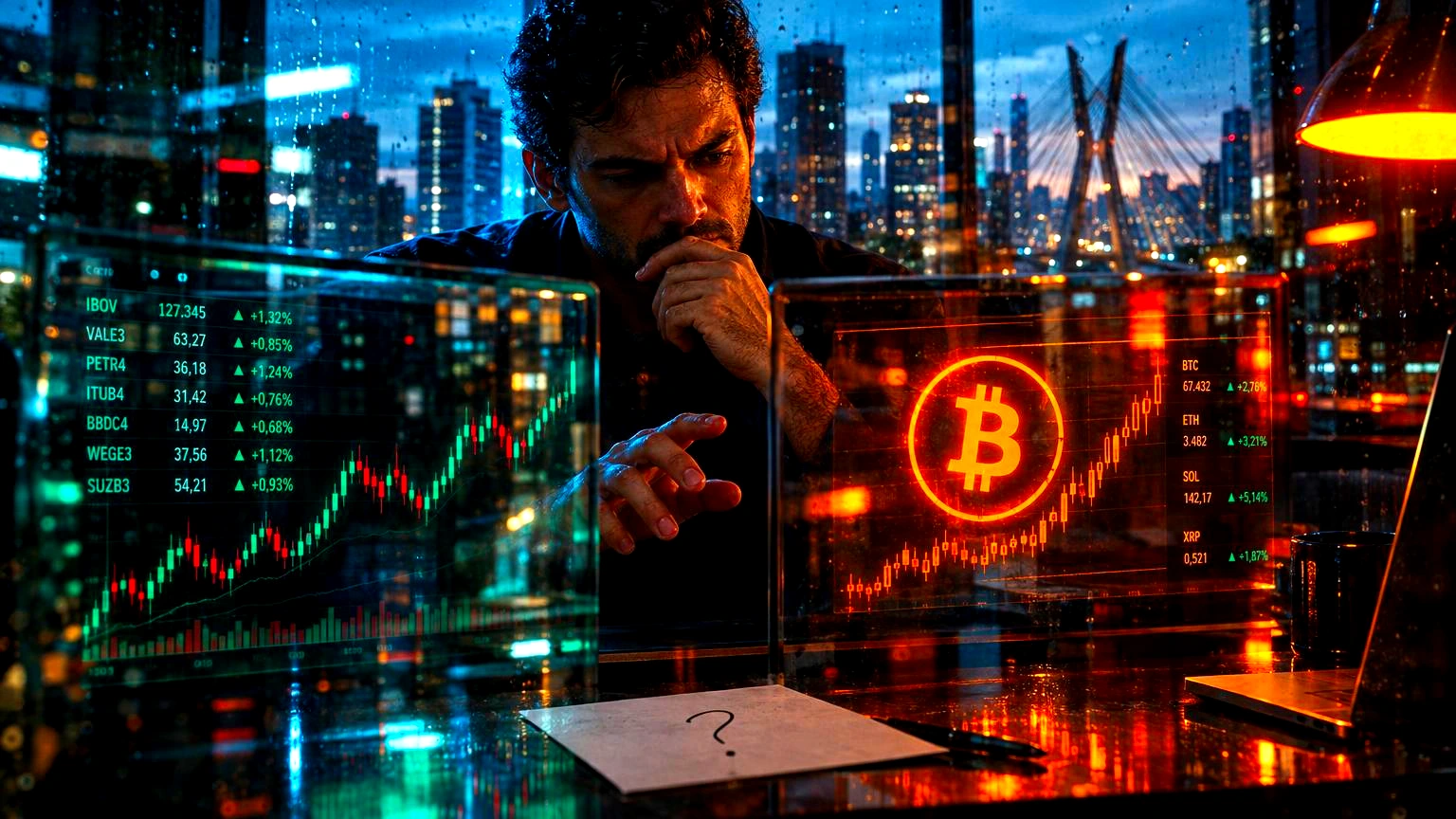 Um painel de vidro com a bolsa de valores e um símbolo de bitcoin refletido, em primeiro plano, com um cartão ou pergunta sem resposta sobre a superfície, Interior de escritório ur
