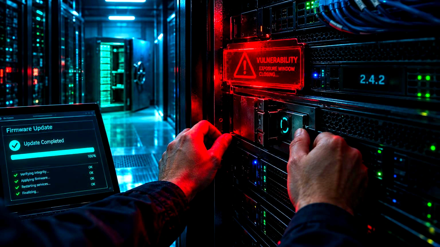 Um servidor de rack com um cadeado digital aberto e uma etiqueta de alerta, ou um painel de administração com a versão '2.4.2' em destaque, identificável em miniatura, Sala de data