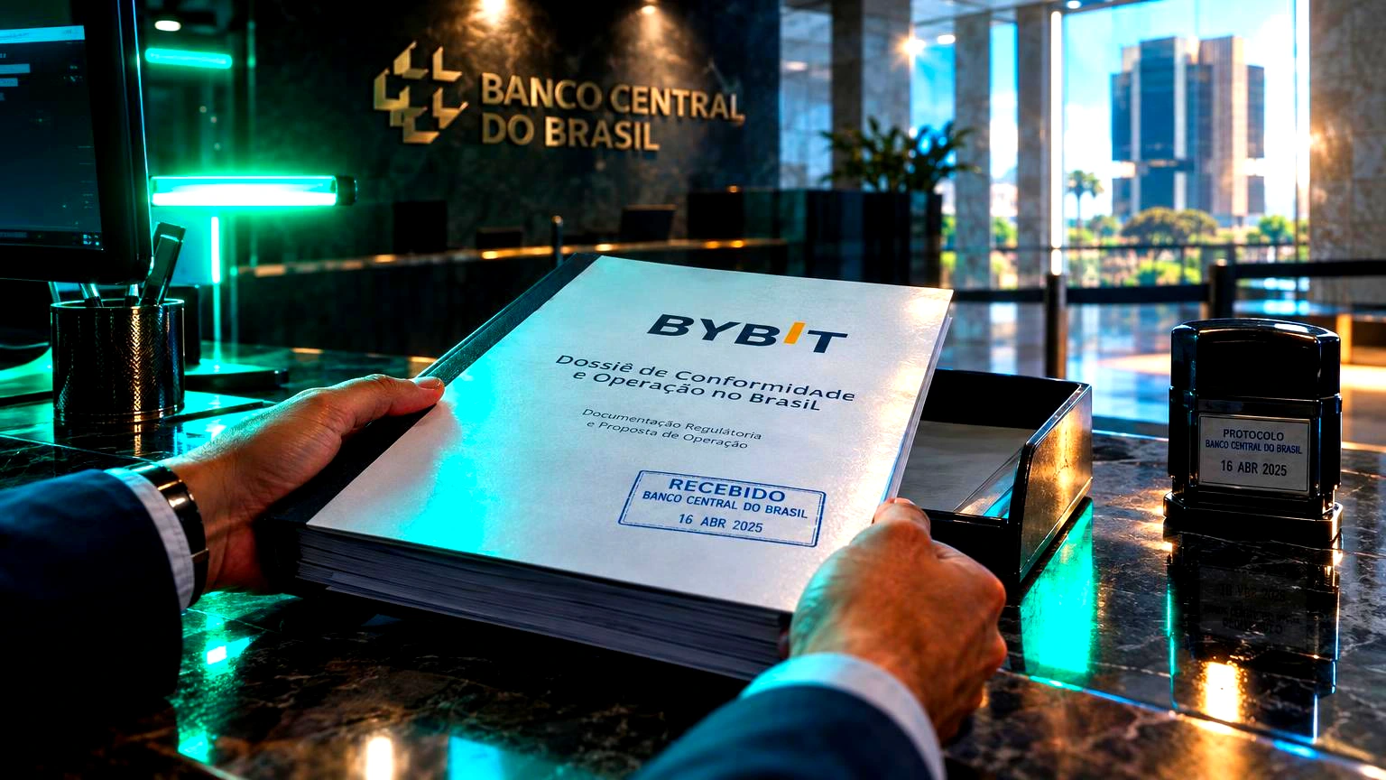 Um documento oficial protocolado sobre a mesa de uma instituição financeira brasileira, com carimbo de recebimento e a logomarca da Bybit visível na capa do dossiê, Interior sóbrio