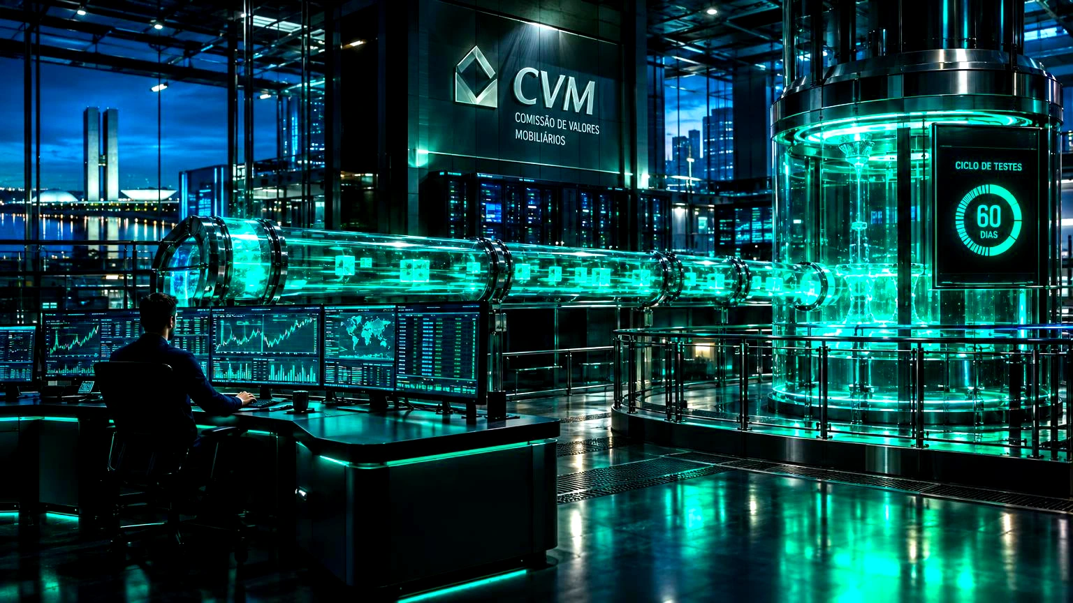 CVM lança piloto de 60 dias para testar ativos tokenizados no Brasil 1 Uma plataforma de negociação (tela/interface/painel de controle) mostrando gráficos e dados de operações tokenizadas em tempo real, Centro financeiro do Brasil (Brasília ou São Pau