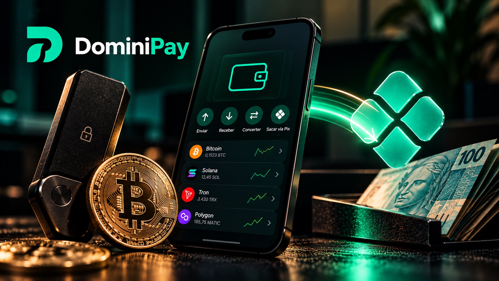 DominiPay lança carteira de autocustódia cripto com saque Pix 1 Carteira de criptomoedas de Bitcoin para Pix.