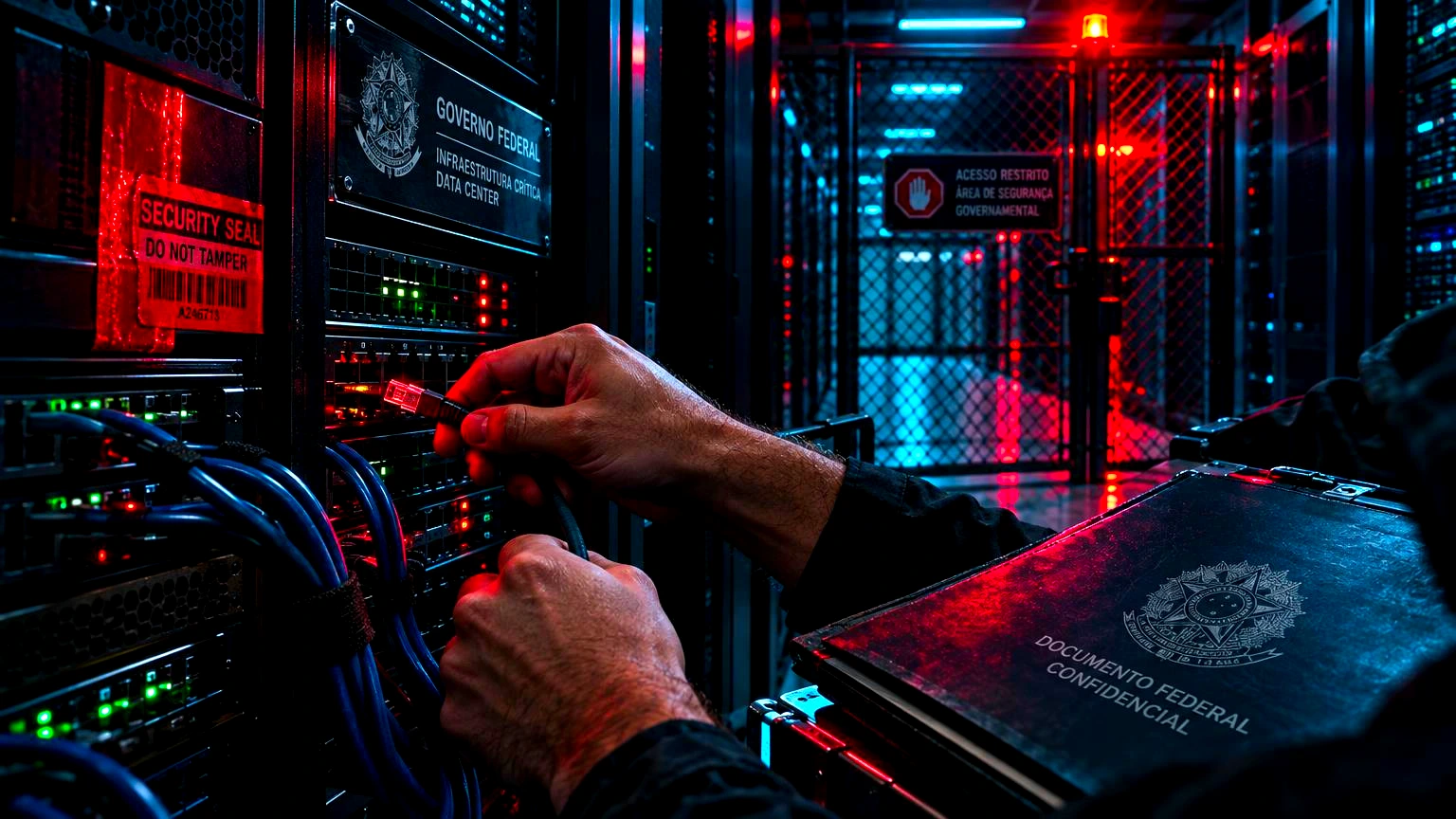 EUA proíbem DeepSeek em sistemas federais e China reage 1 Um servidor de data center com cabos de rede e um selo oficial de segurança nacional (documento federal) em primeiro plano, identificável como infraestrutura de governo, Interior d