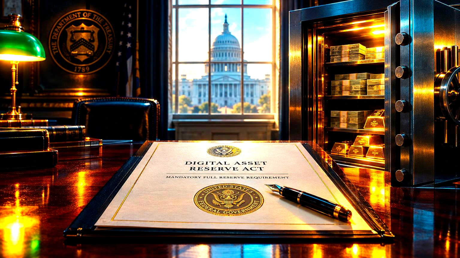EUA aprovam lei de stablecoins e definem regras para reservas e emissores 1 Documento oficial de lei com selo federal sobre uma mesa de madeira, ao lado de um cofre-forte aberto revelando maços de notas e barras, lido de forma clara e identificável em mini
