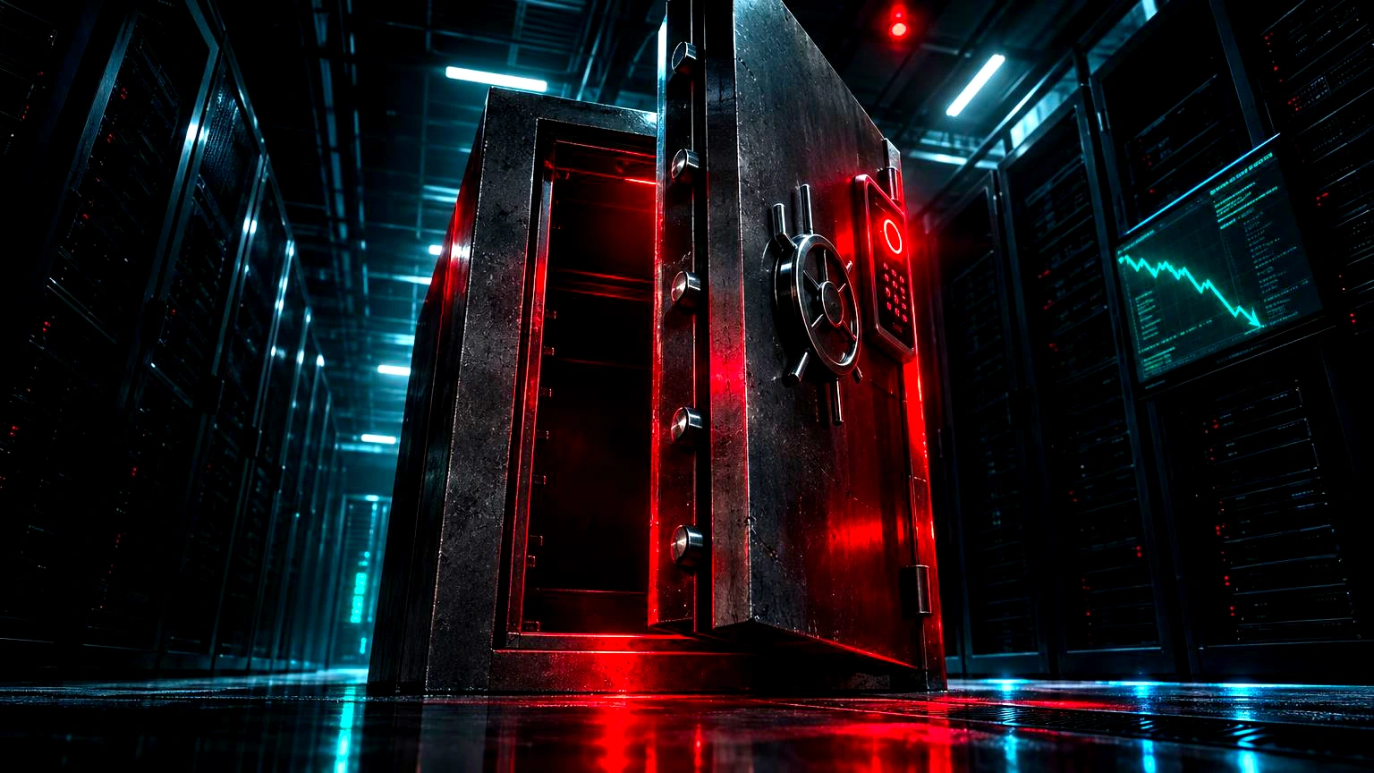Hackers roubam US$ 400 mil da Predict.fun dias após token valer US$ 1,4 bi 1 Um cofre-forte de aço aberto e vazio, com a porta pesada entreaberta e a fechadura digital piscando em vermelho sobre um painel de servidor, objeto concreto e reconhecível em minia