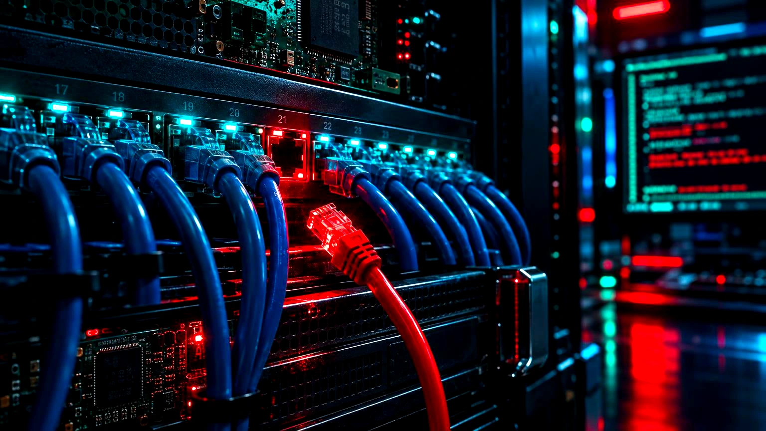Rack de servidores com cabos de rede iluminados, um deles com luz vermelha pulsando, Sala de servidores corporativa, iluminação técnica azul e vermelha, sem janelas
