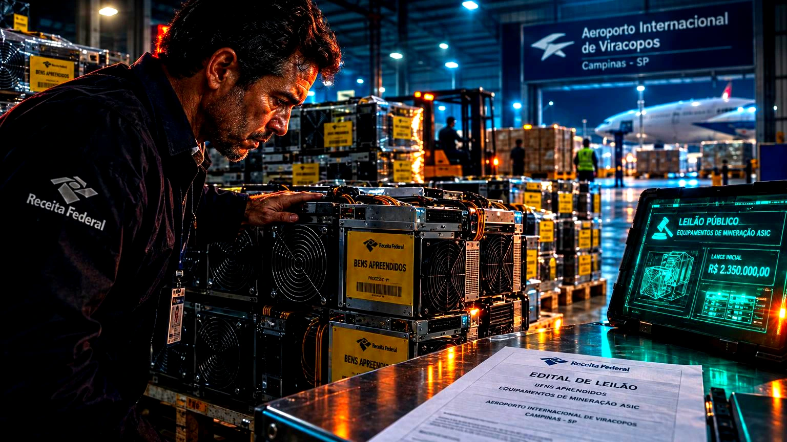 Receita Federal leiloa 11 mineradoras de bitcoin retidas em Viracopos 1 Fileira de mineradoras ASIC empilhadas sobre paletes metálicos em galpão de carga aeroportuária, iluminadas por luz fria de armazém — Galpão de carga alfandegária do Aeroporto Inte