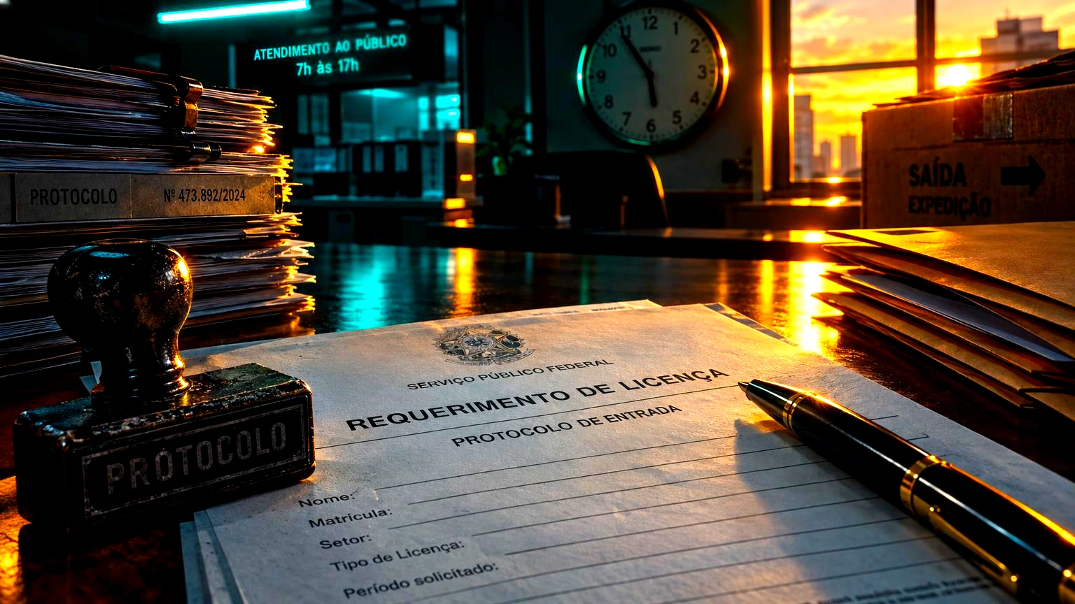Licença cripto no Brasil: Veja quais exchanges pediram e quais estão saindo 1 Um protocolo oficial de pedido de licença: um formulário/documento institucional em cima de uma mesa de madeira, com carimbo e caneta, a fila de envelopes ao lado., Sala de reparti